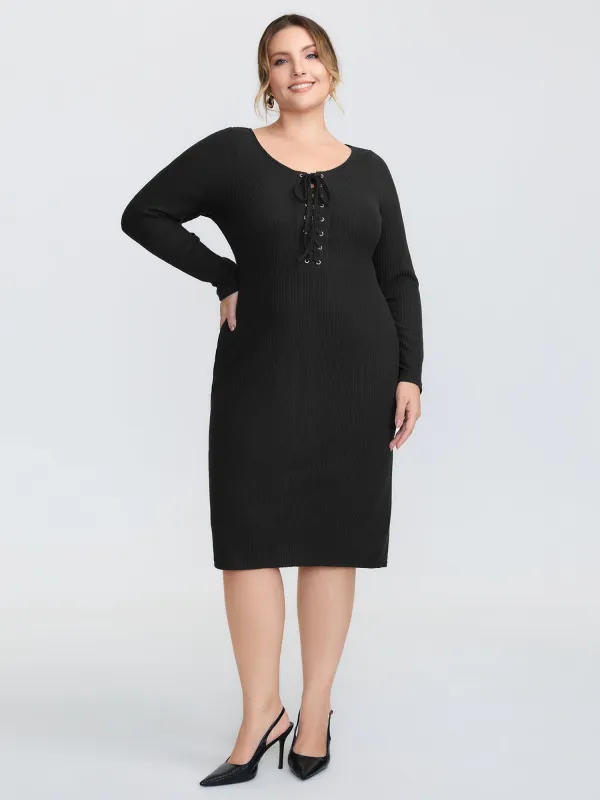 Stretchy Round Neck Lace-Up Midi Dress sold by Bloomchic