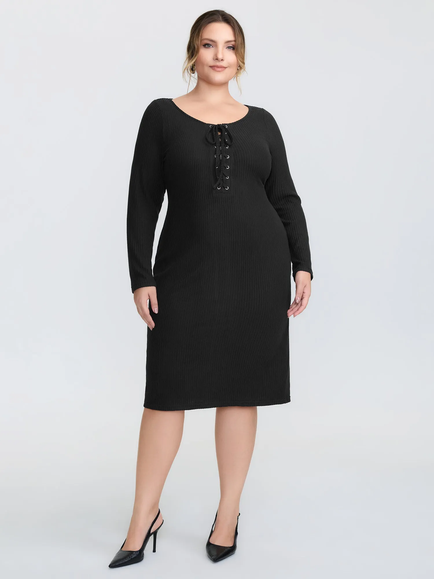 Stretchy Round Neck Lace-Up Midi Dress sold by Bloomchic product image thumbnail 3