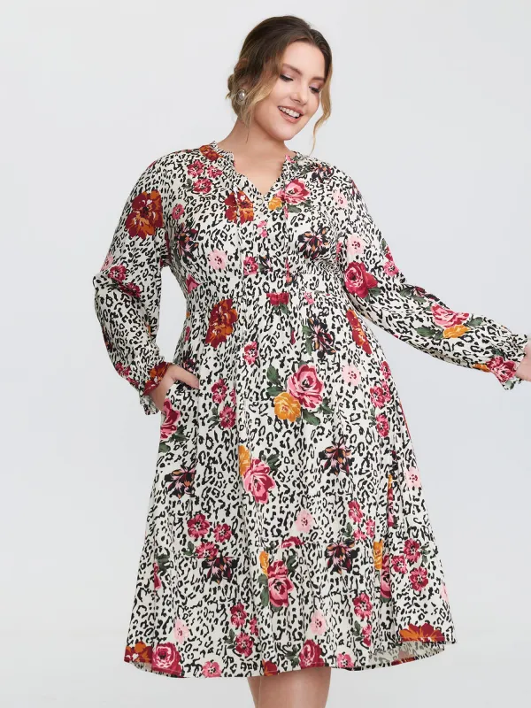 Leopard Floral Print Shirred Waist Midi Dress sold by Bloomchic