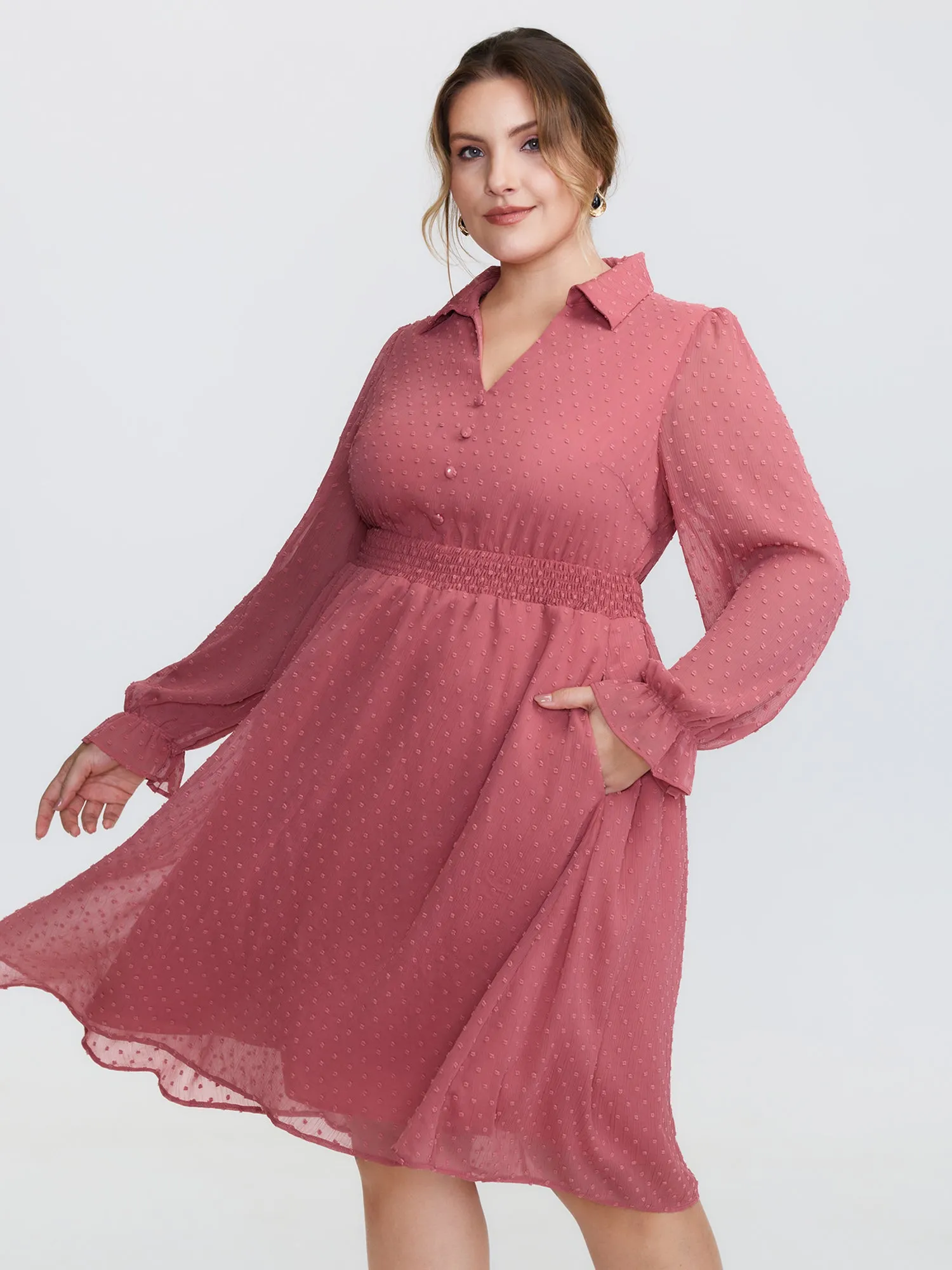 Chiffon Texture V-Neck Shirred Waist Midi Dress sold by Bloomchic