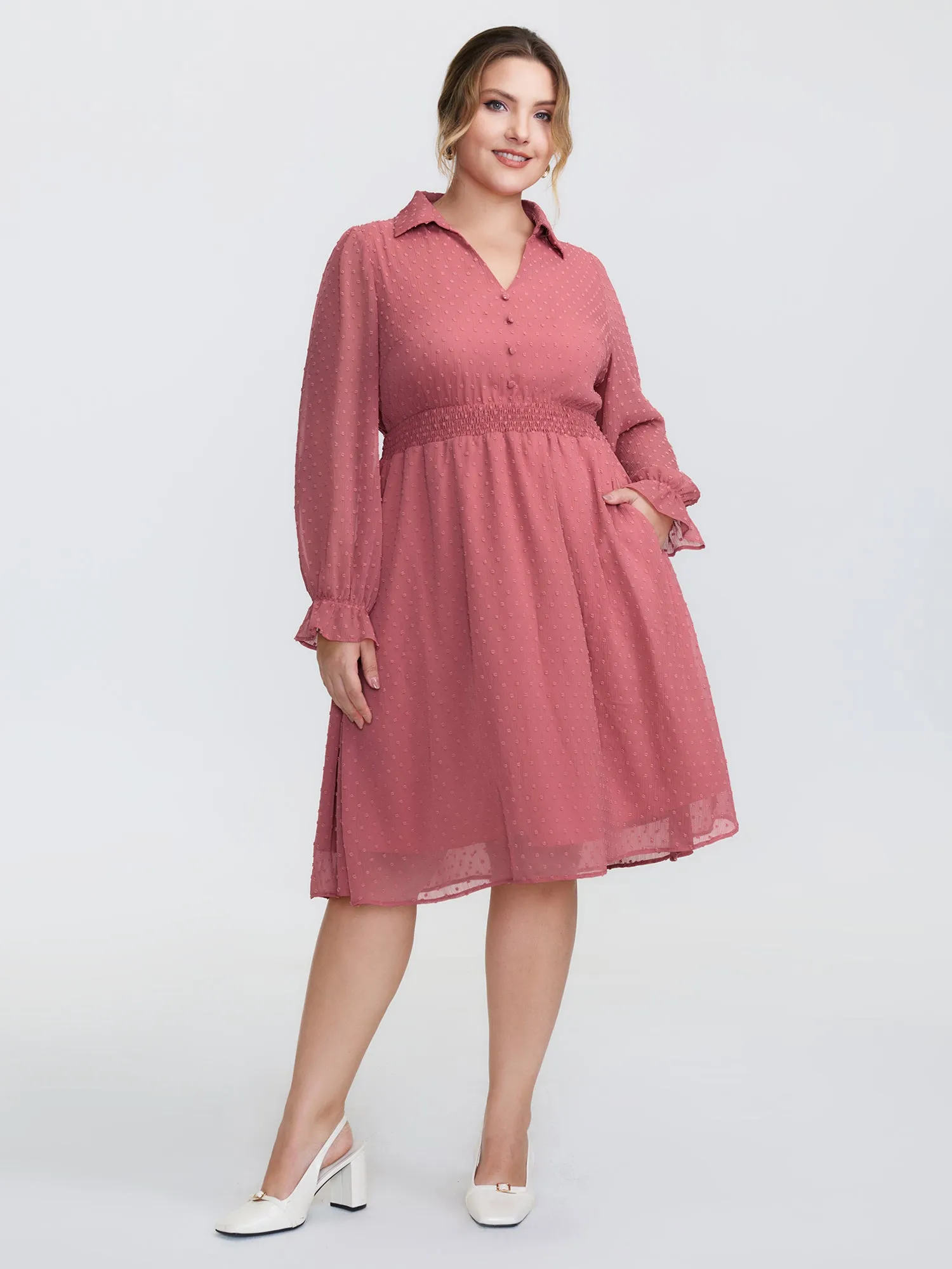 Chiffon Texture V-Neck Shirred Waist Midi Dress sold by Bloomchic product image thumbnail 3