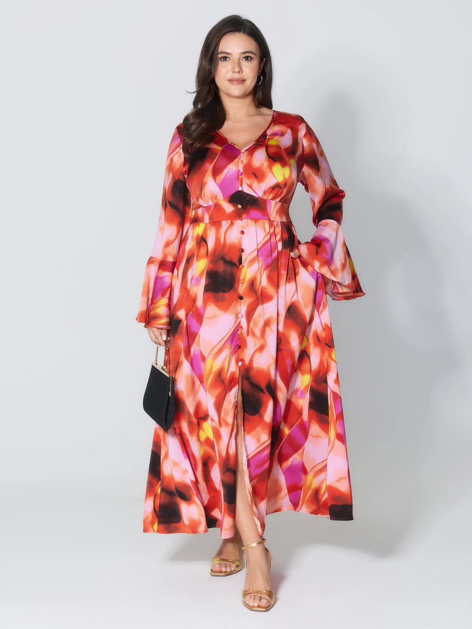 Abstract Print Flared Sleeve Maxi Dress sold by Bloomchic