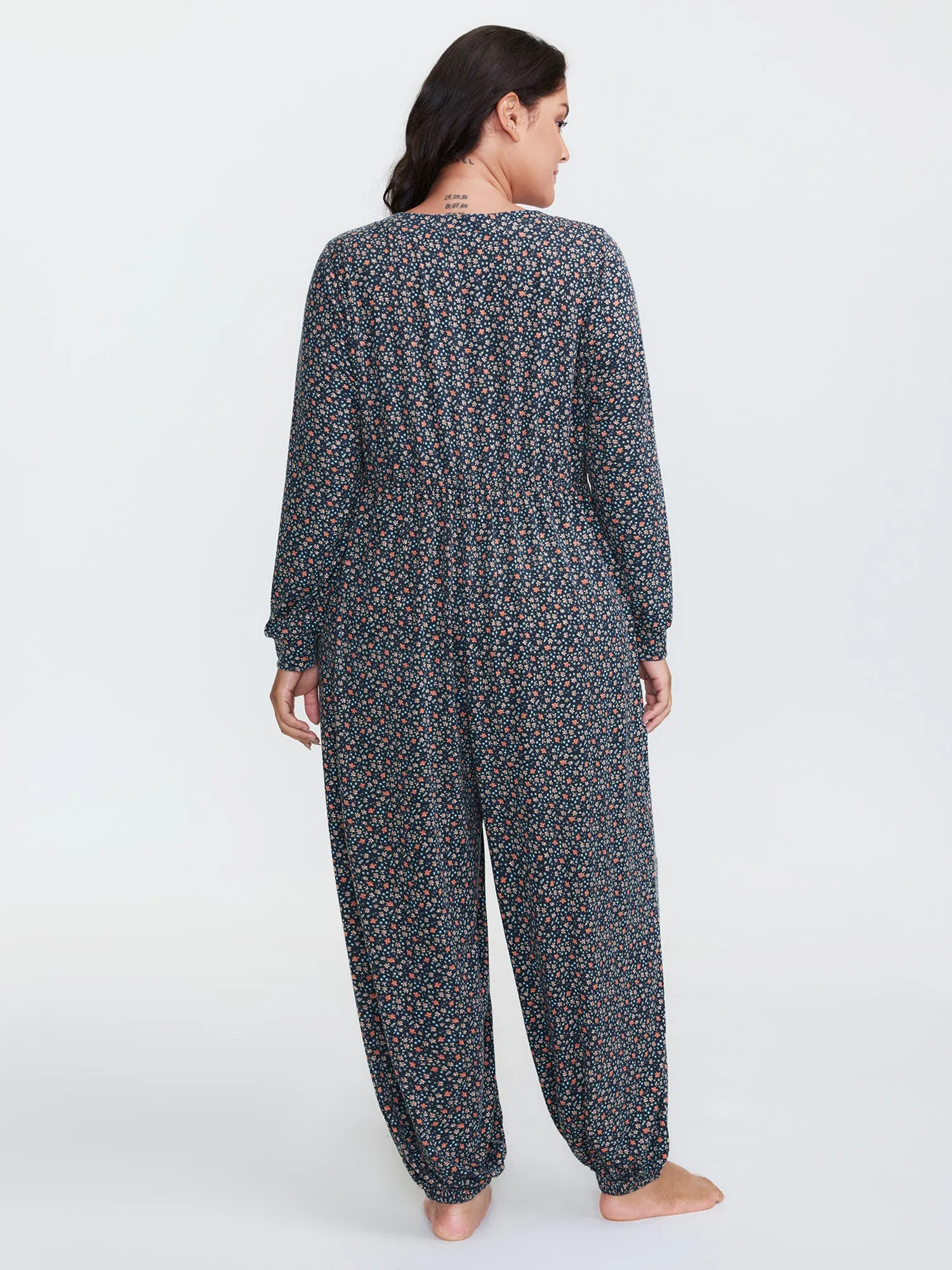 Floral Print V-Neck Button Front Lounge Jumpsuit sold by Bloomchic product image thumbnail 5