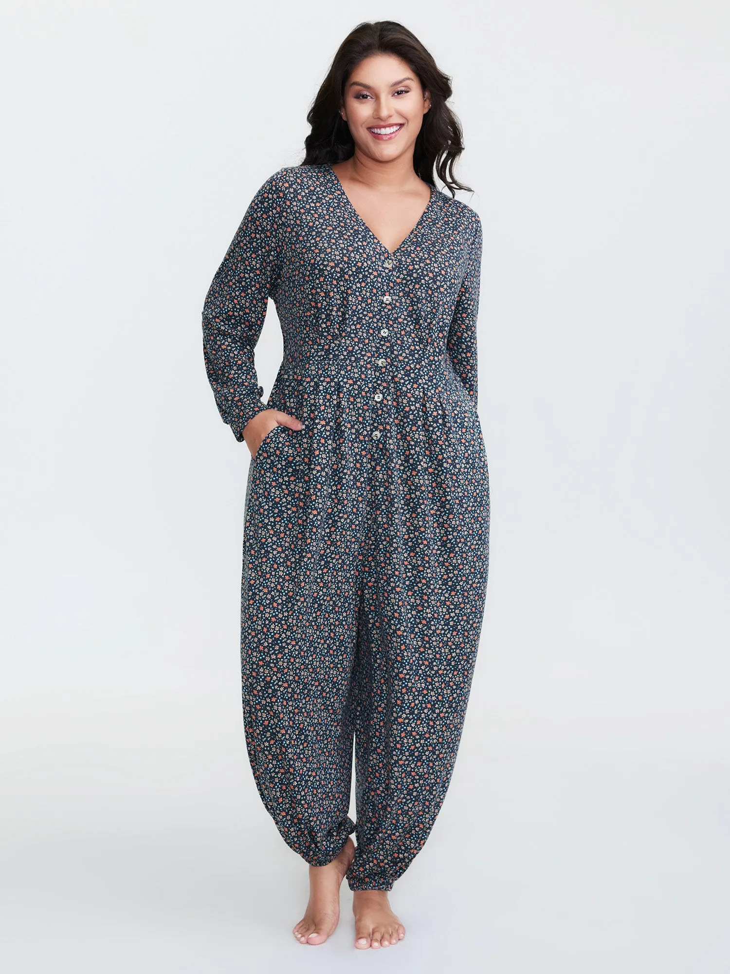 Floral Print V-Neck Button Front Lounge Jumpsuit sold by Bloomchic product image thumbnail 3