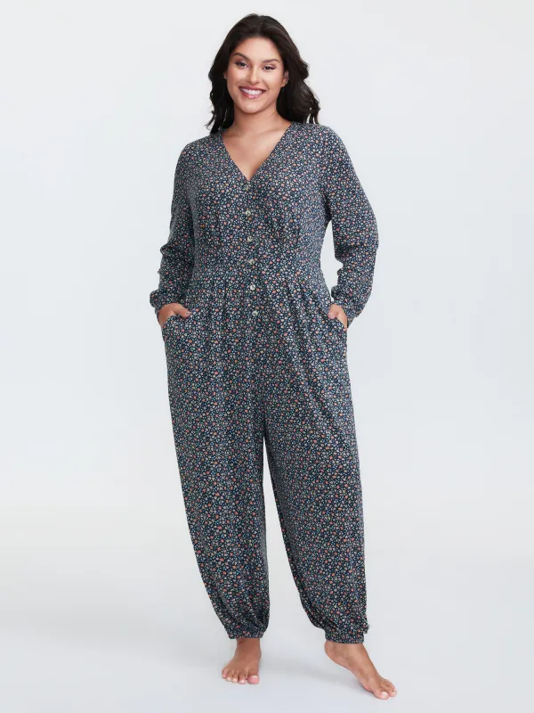 Floral Print V-Neck Button Front Lounge Jumpsuit sold by Bloomchic