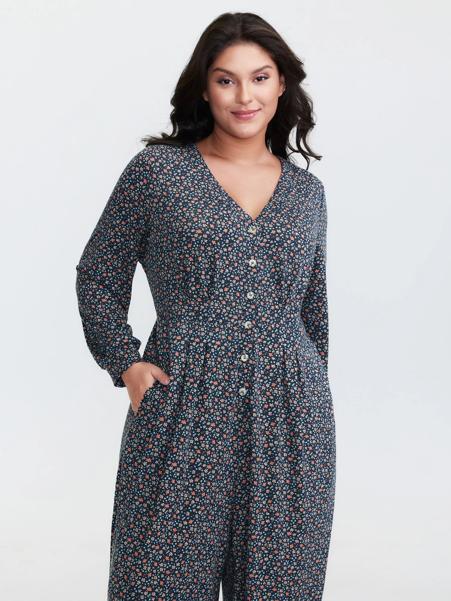 Floral Print V-Neck Button Front Lounge Jumpsuit sold by Bloomchic product image thumbnail 2