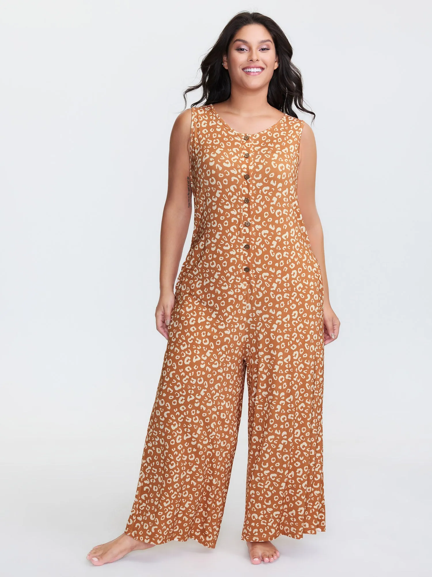 Leopard Print Sleeveless Button Front Lounge jumpsuit sold by Bloomchic
