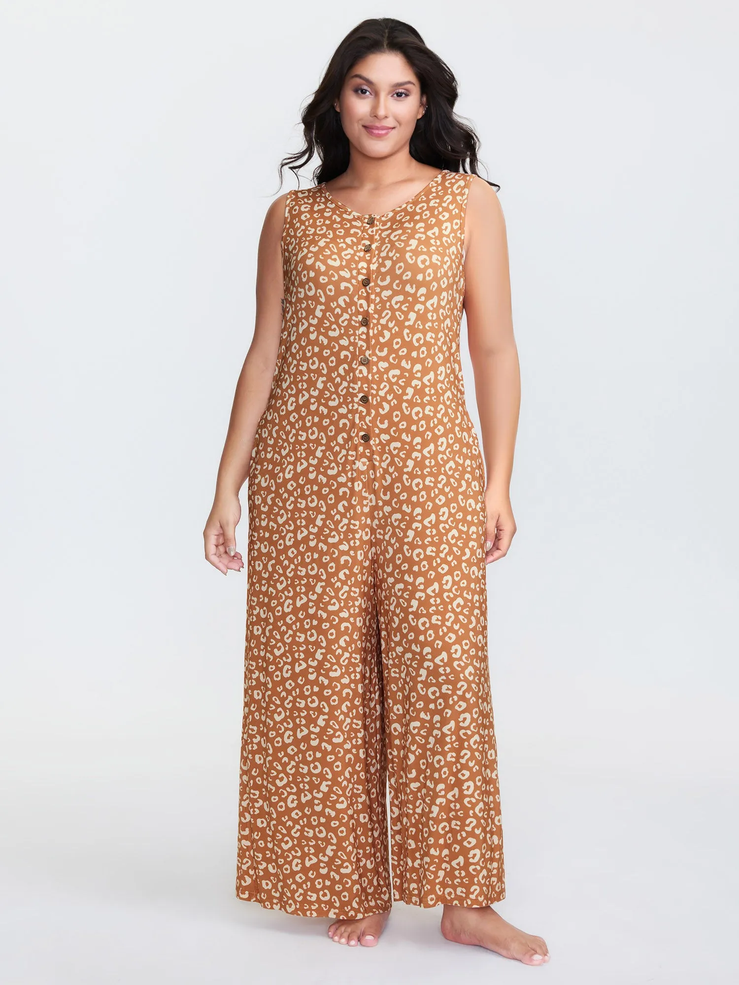 Leopard Print Sleeveless Button Front Lounge jumpsuit sold by Bloomchic product image thumbnail 3