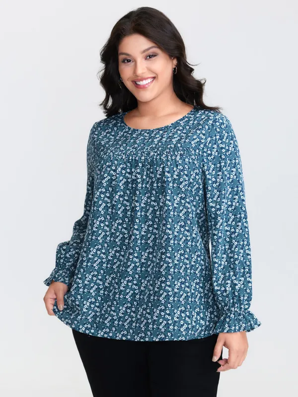 Floral Print Ruched Round Neck Blouse sold by Bloomchic
