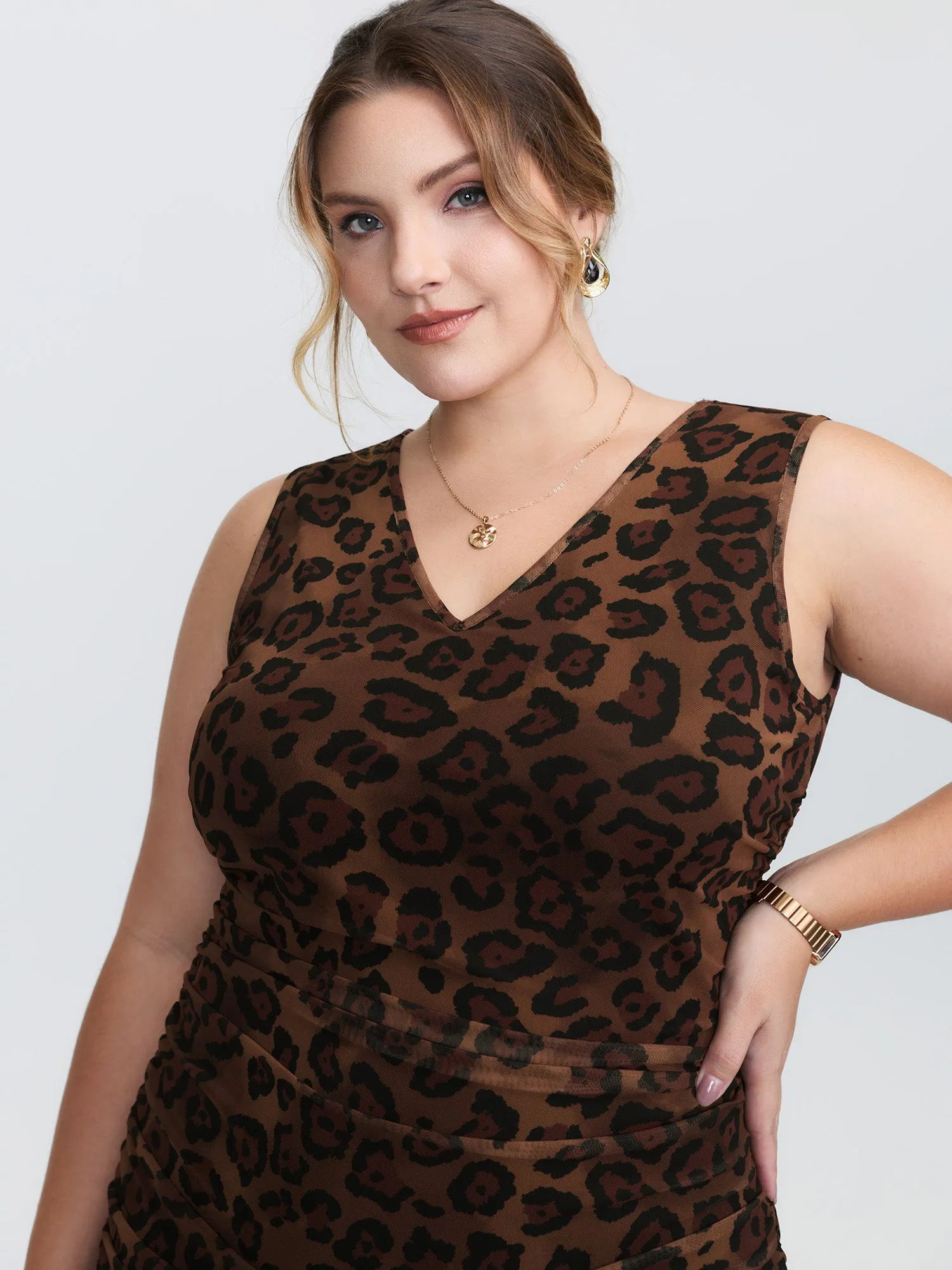 Leopard Print Ruched Sleeveless Dress sold by Bloomchic product image thumbnail 3