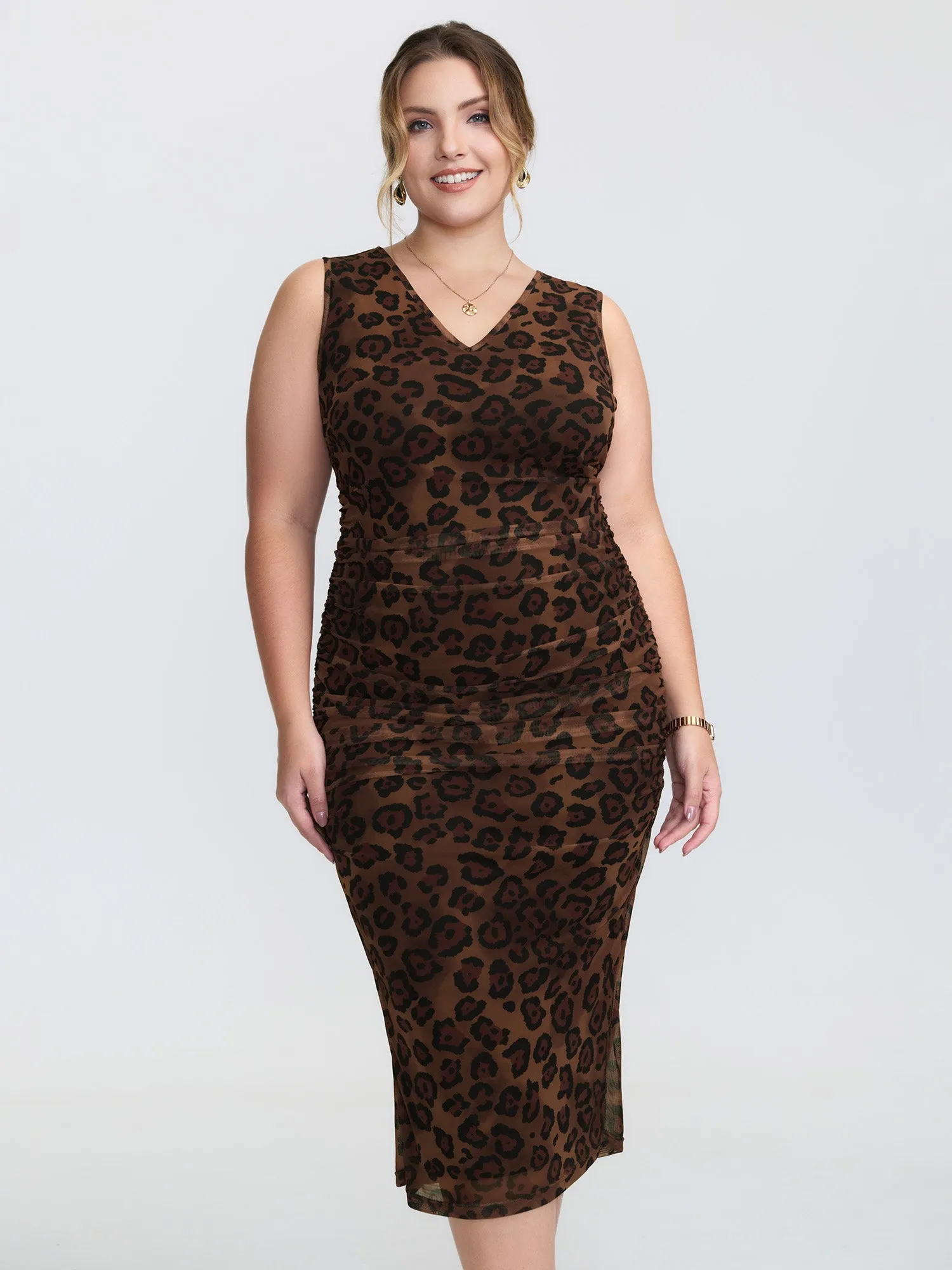 Leopard Print Ruched Sleeveless Dress sold by Bloomchic product image thumbnail 2