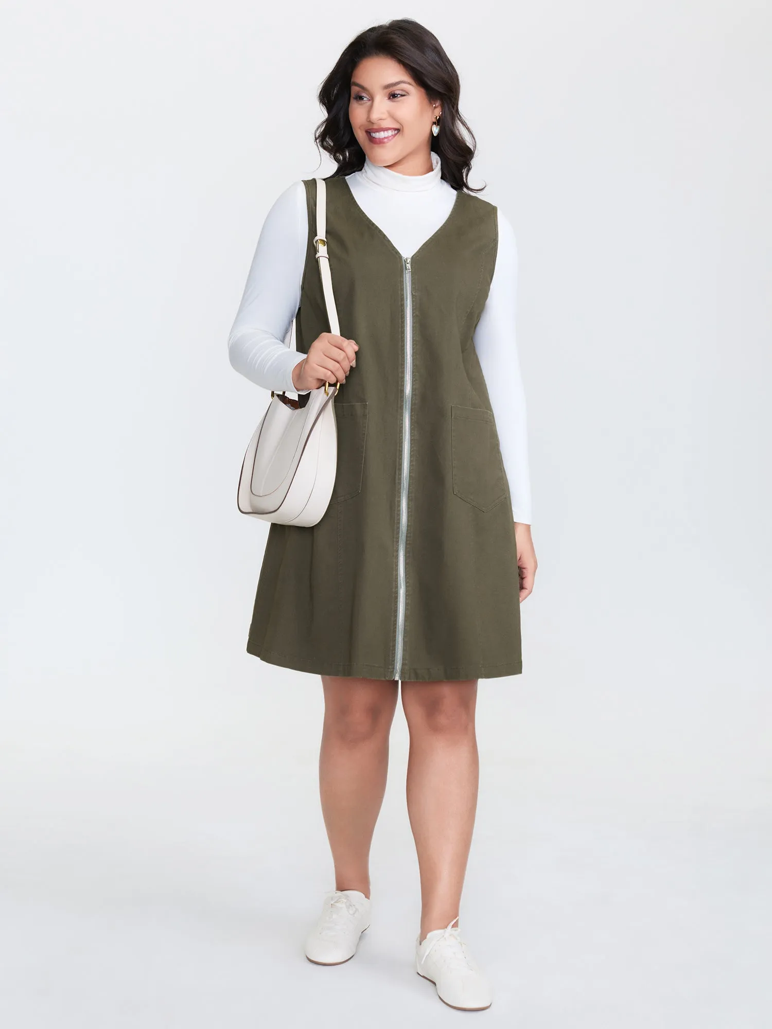 Full-Zipper V-Neck Sleeveless Midi Dress sold by Bloomchic product image thumbnail 3