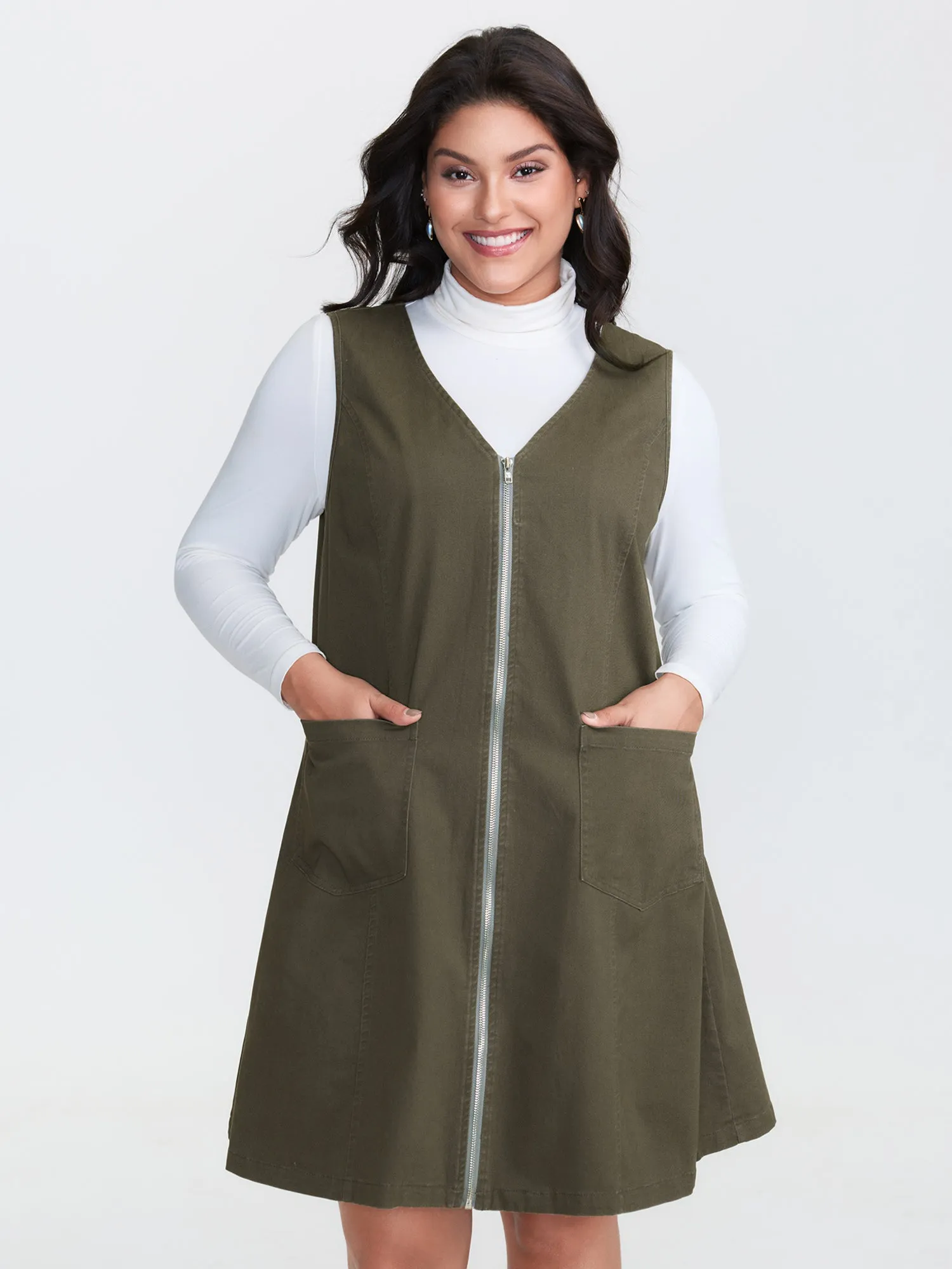 Full-Zipper V-Neck Sleeveless Midi Dress sold by Bloomchic