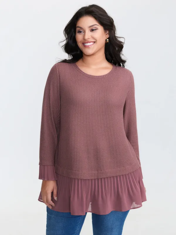 Waffle Chiffon Hem Crew Neck Top sold by Bloomchic