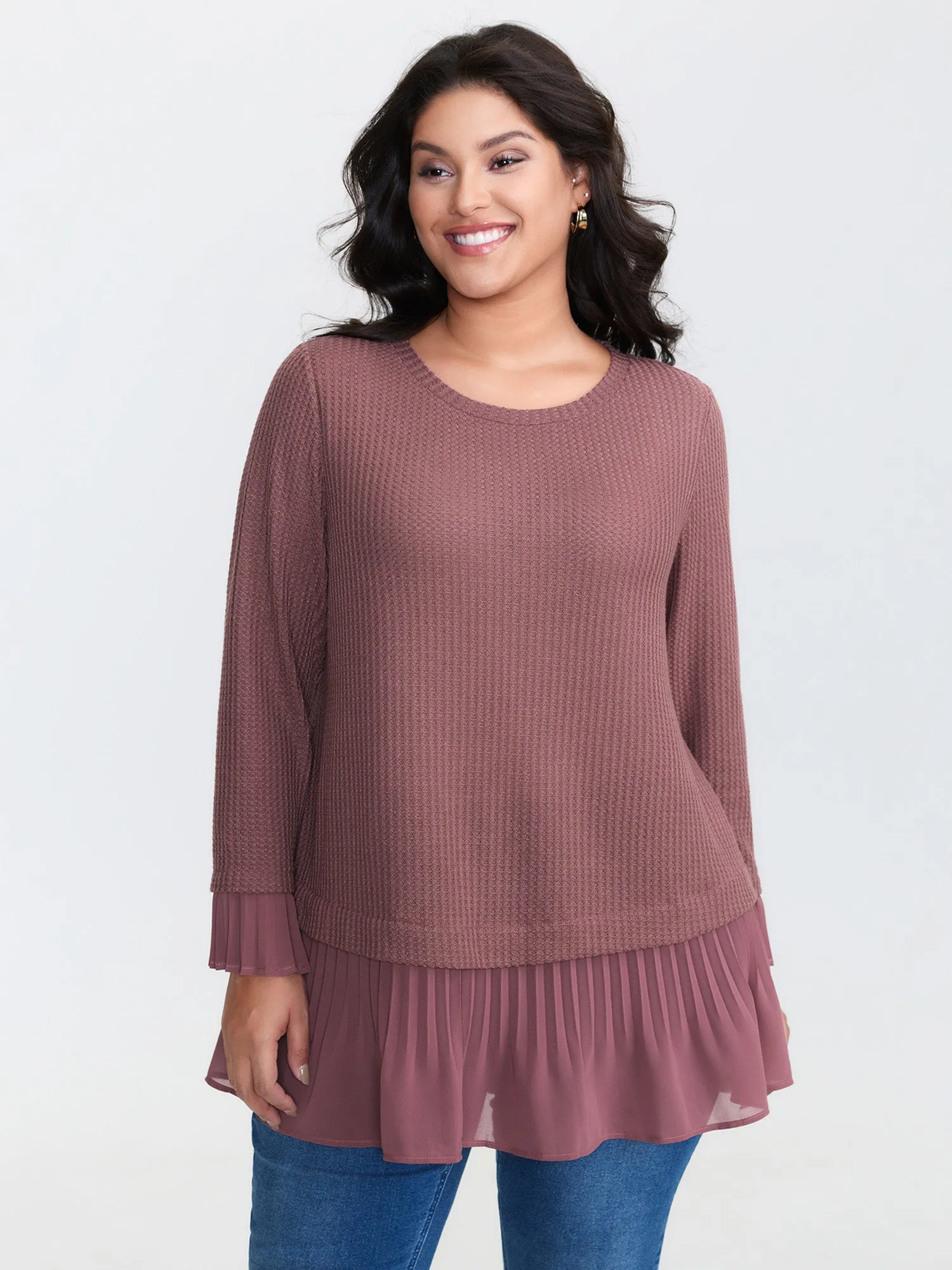 Waffle Chiffon Hem Crew Neck Top sold by Bloomchic