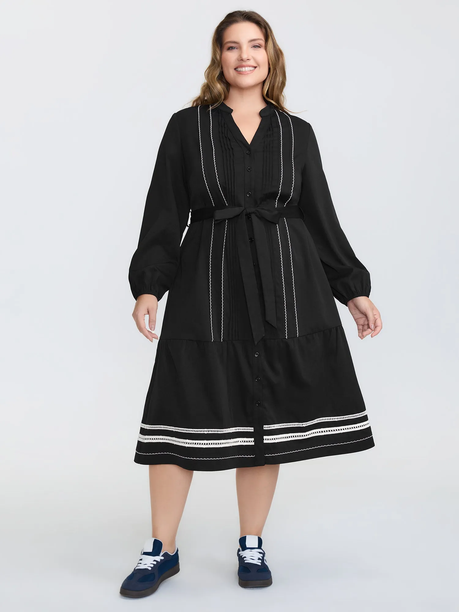 Button Front Belted Stitch Detail Midi Dress sold by Bloomchic product image thumbnail 3