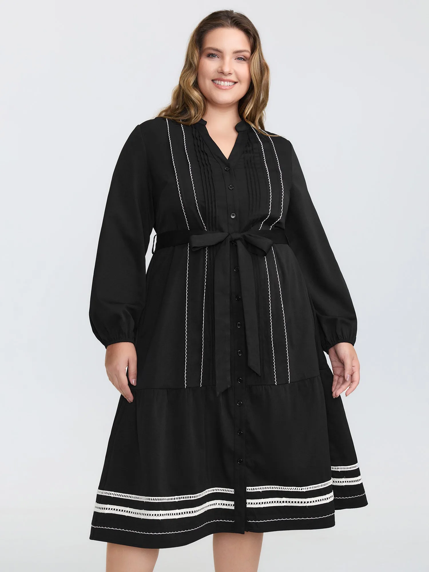 Button Front Belted Stitch Detail Midi Dress sold by Bloomchic