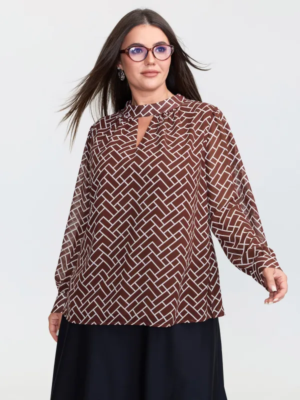 Geometric Print Cut Out Neck Blouse sold by Bloomchic