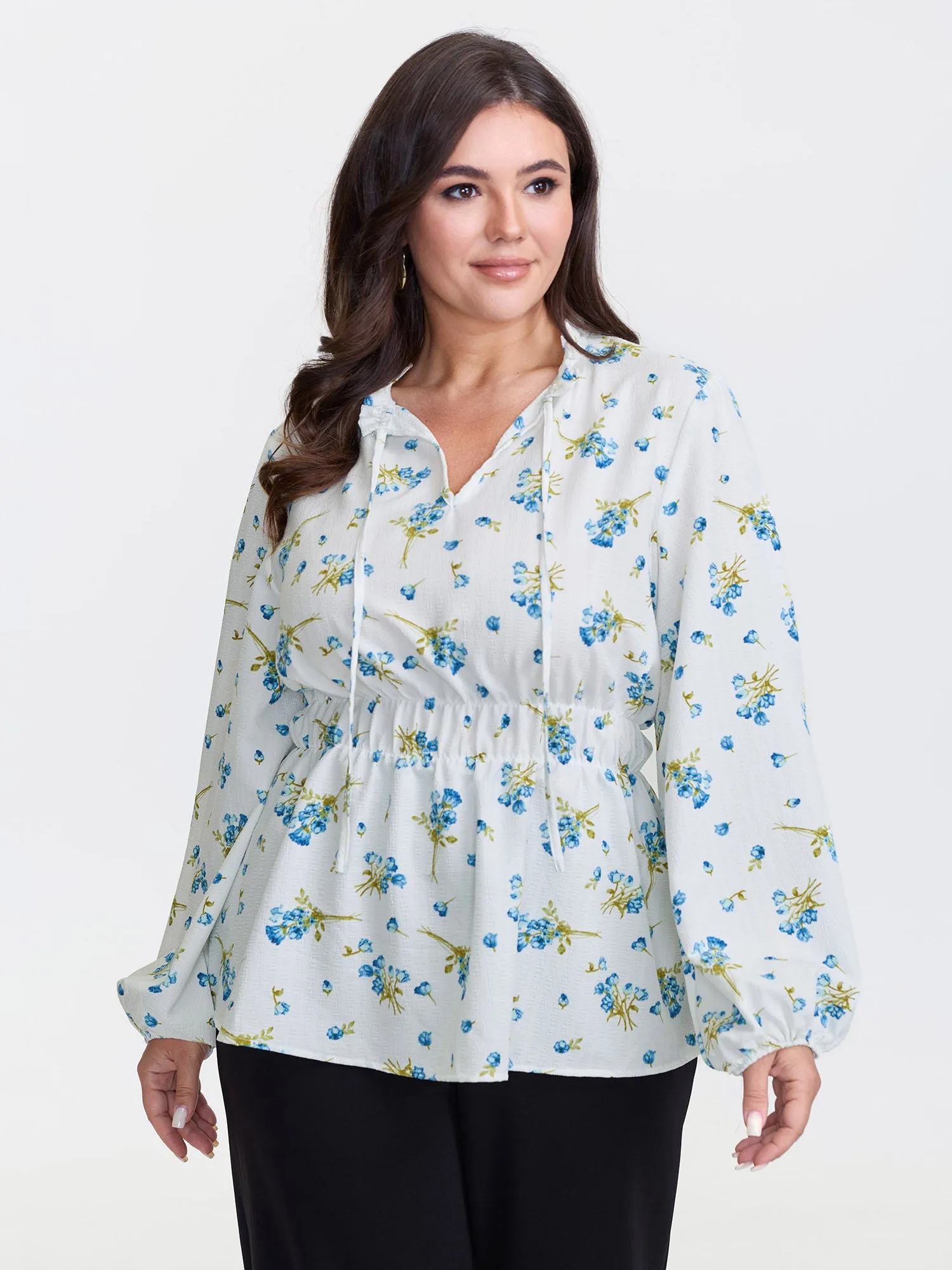 Floral Print Waist Defining Neck Tie Blouse sold by Bloomchic