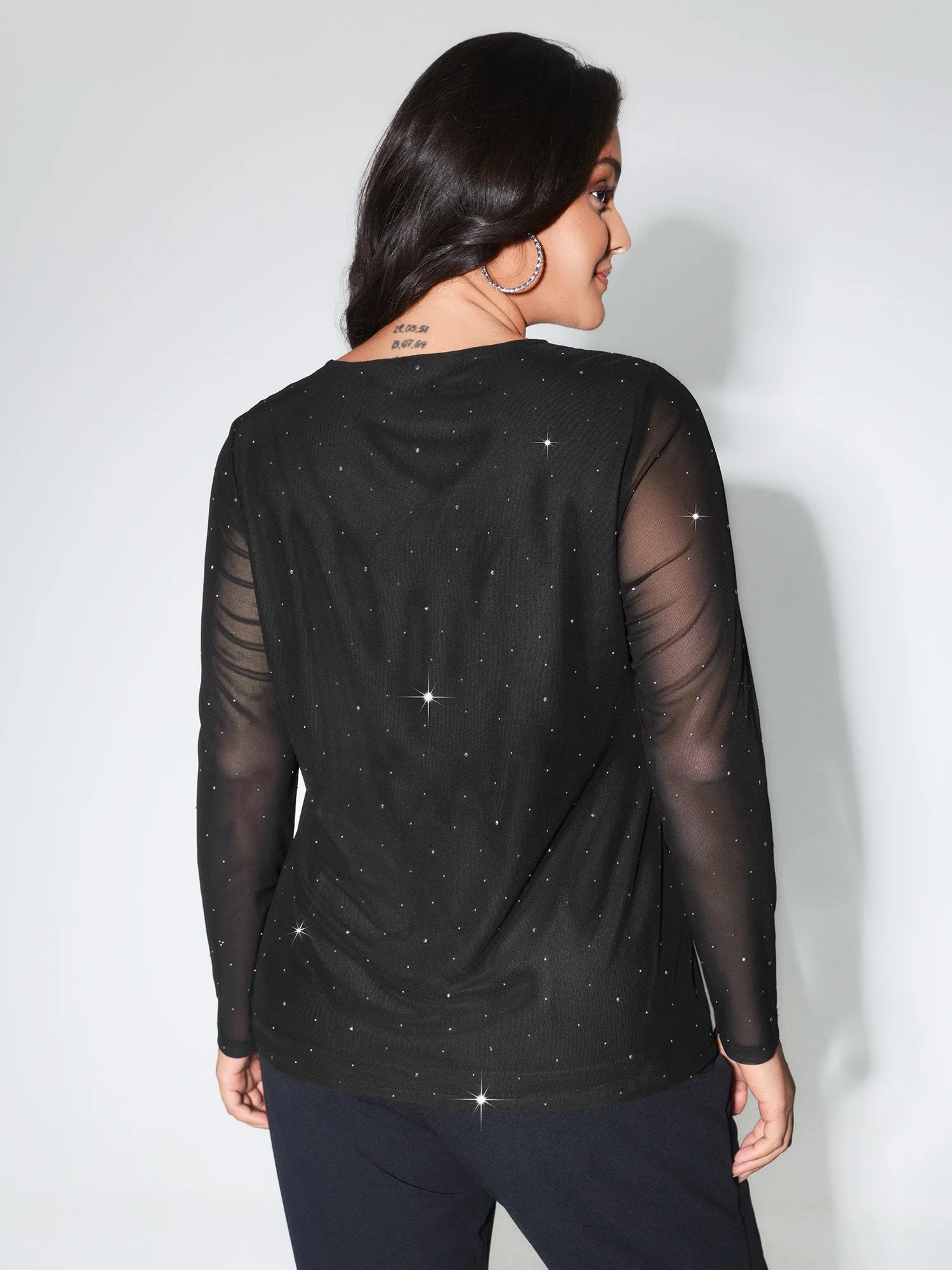 Rhinestone Cut Out Neck Mesh Sheer Blouse sold by Bloomchic product image thumbnail 4