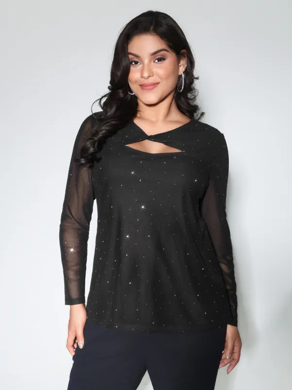 Rhinestone Cut Out Neck Mesh Sheer Blouse sold by Bloomchic