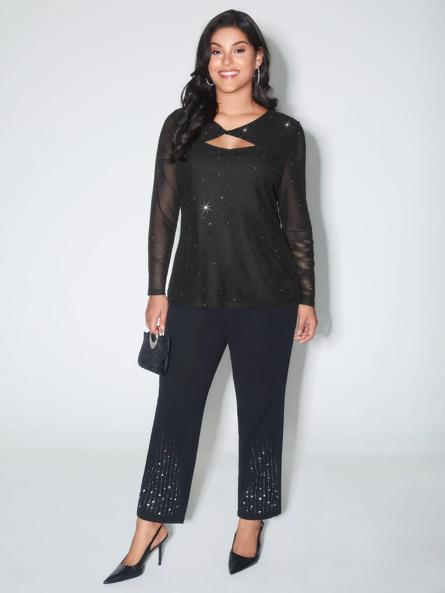 Rhinestone Cut Out Neck Mesh Sheer Blouse sold by Bloomchic product image thumbnail 3