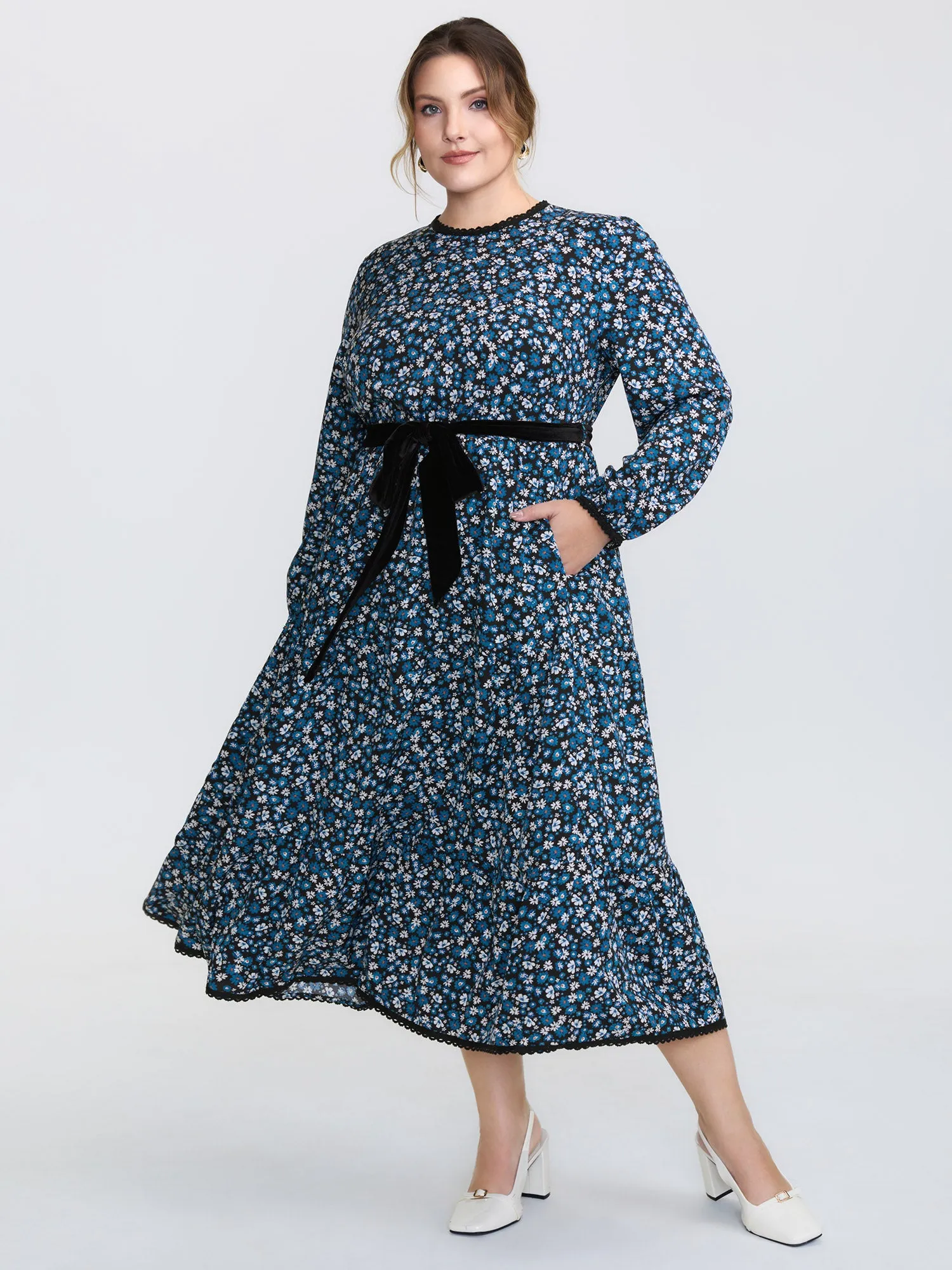 Floral Print Contrast Color Belted Midi Dress sold by Bloomchic product image thumbnail 4