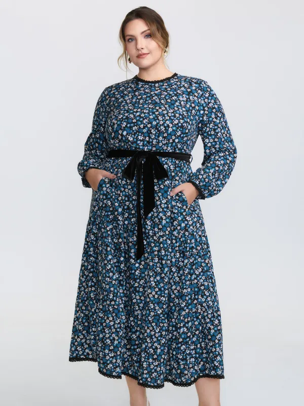 Floral Print Contrast Color Belted Midi Dress sold by Bloomchic