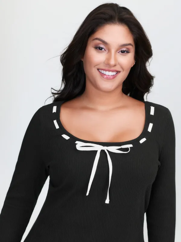 Supersoft Bow Tie Detail Ribbed Knit Top sold by Bloomchic