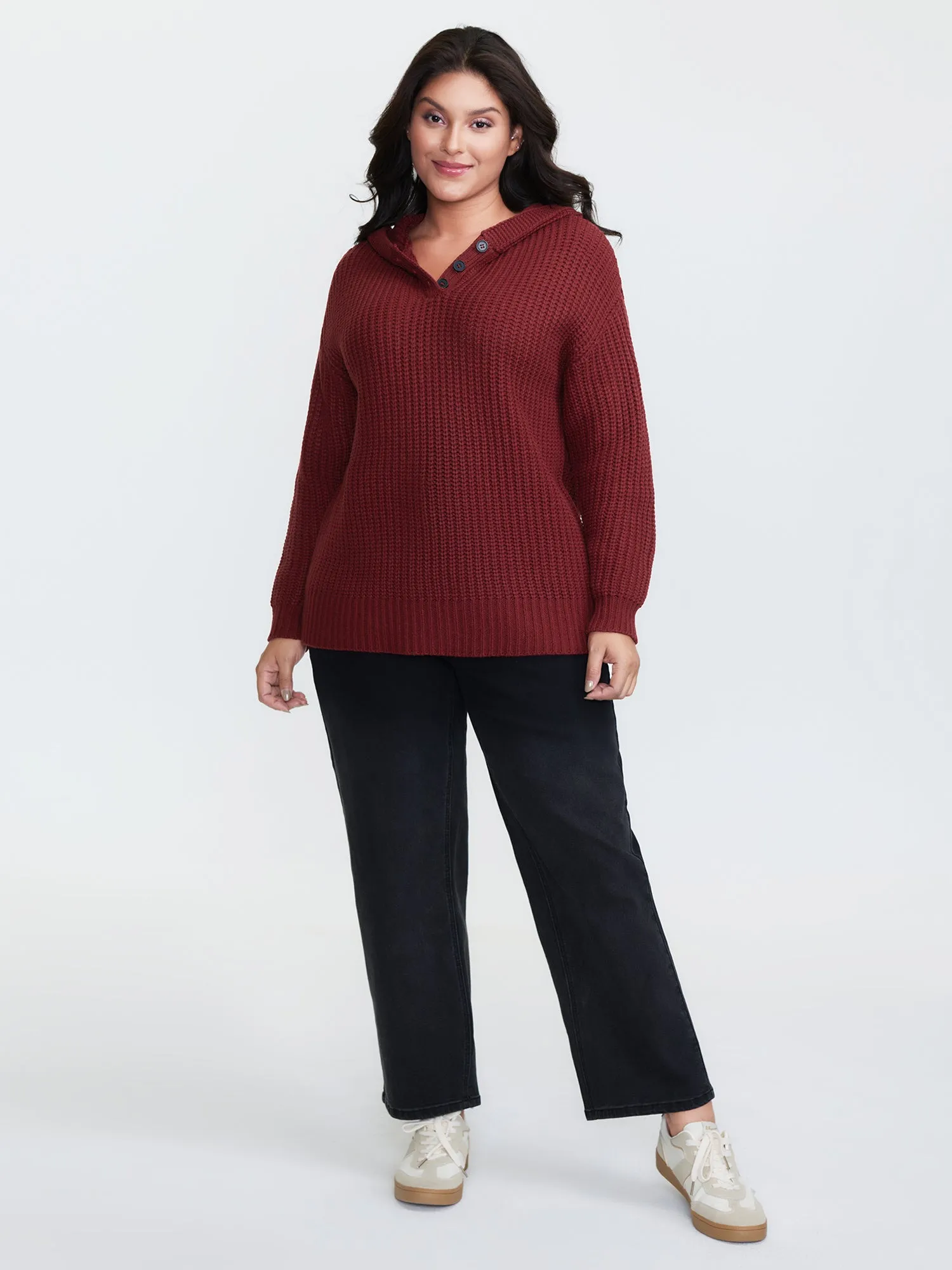 Hooded Textured Half Placket Button Pullover sold by Bloomchic product image thumbnail 3