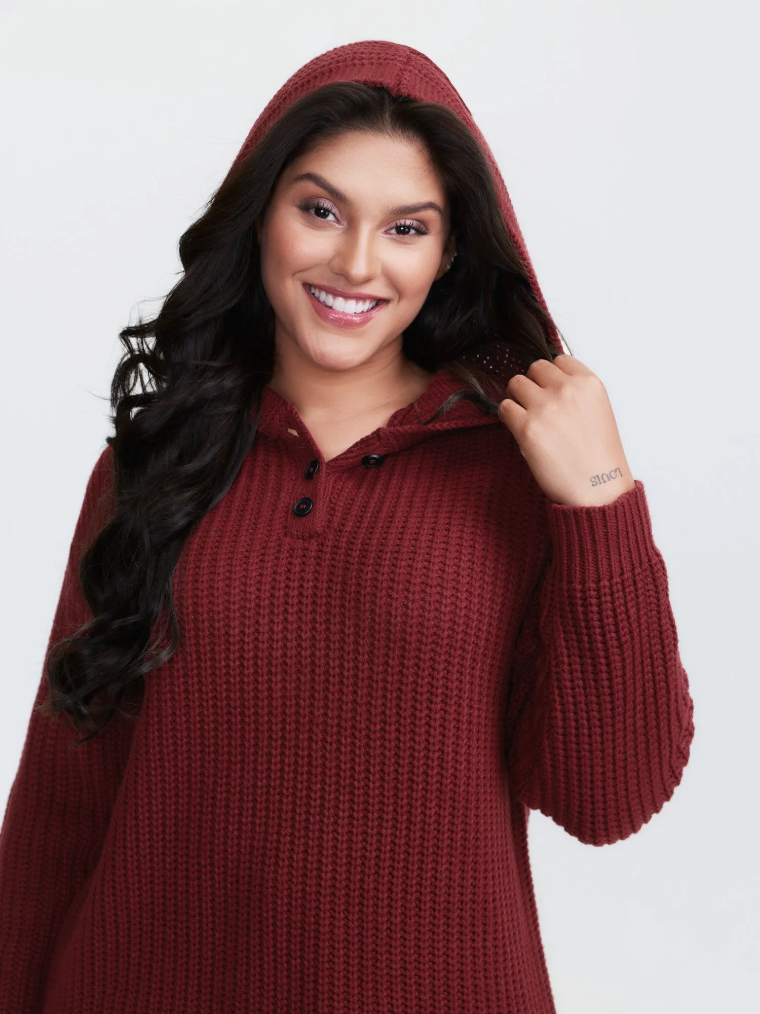 Hooded Textured Half Placket Button Pullover sold by Bloomchic product image thumbnail 2