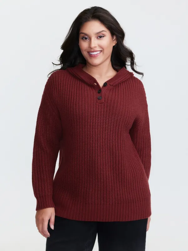 Hooded Textured Half Placket Button Pullover sold by Bloomchic