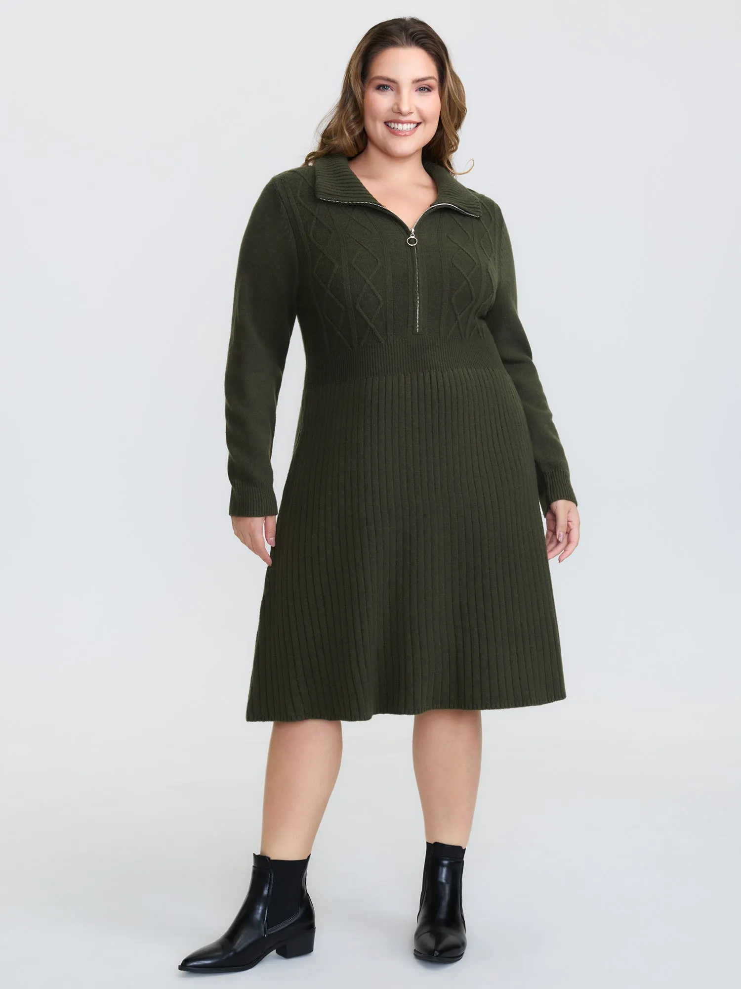 Zipper Front Fit and Flare Midi Sweater Dress sold by Bloomchic product image thumbnail 3