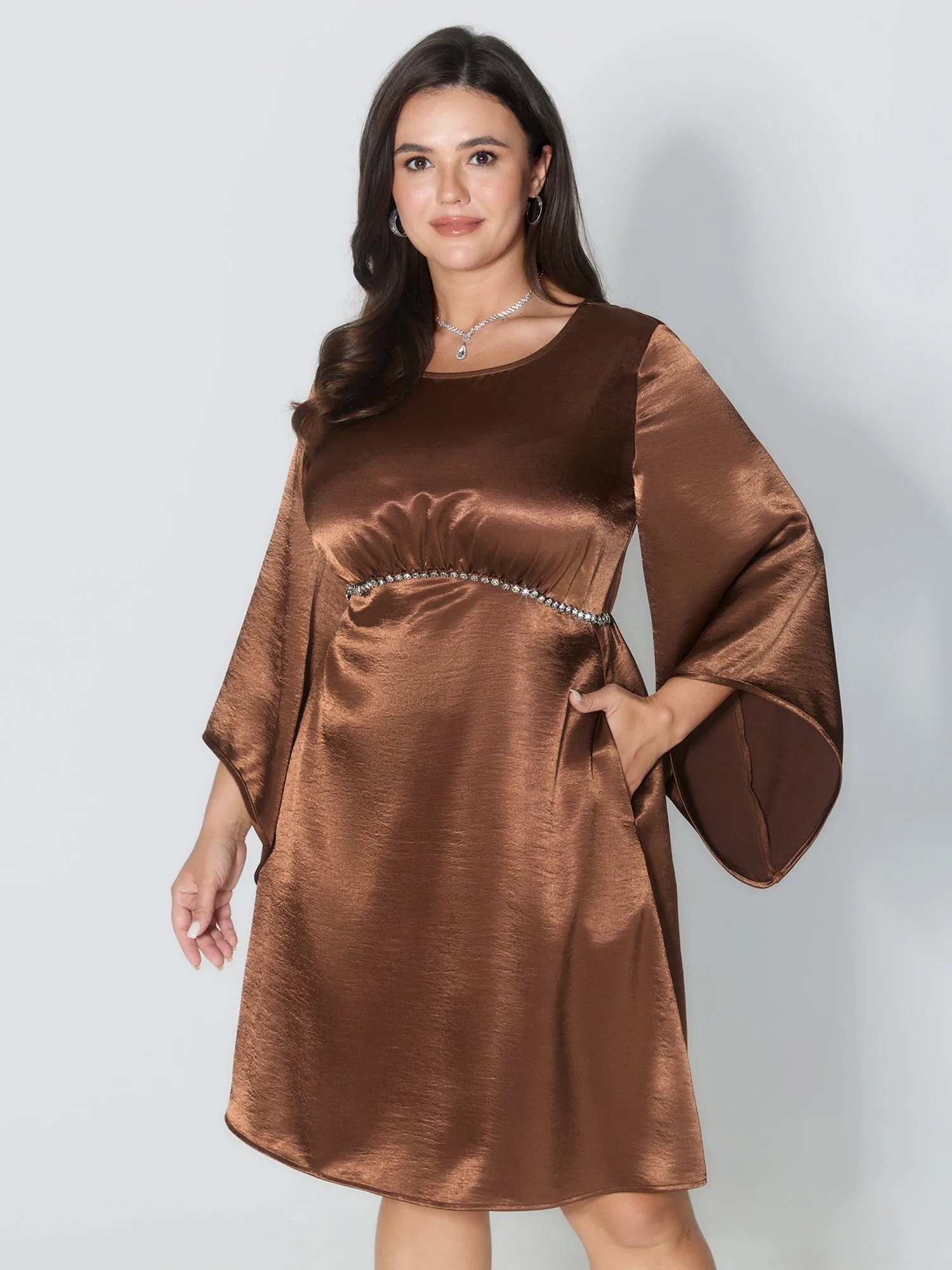 Flared Sleeve Metal Detail Waistline Mini Dress sold by Bloomchic product image thumbnail 2