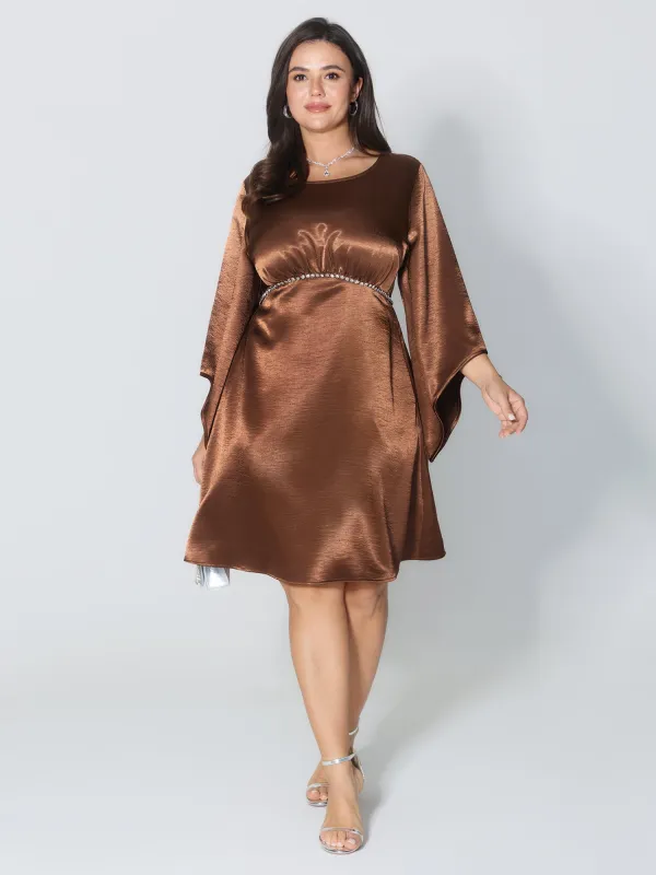 Flared Sleeve Metal Detail Waistline Mini Dress sold by Bloomchic