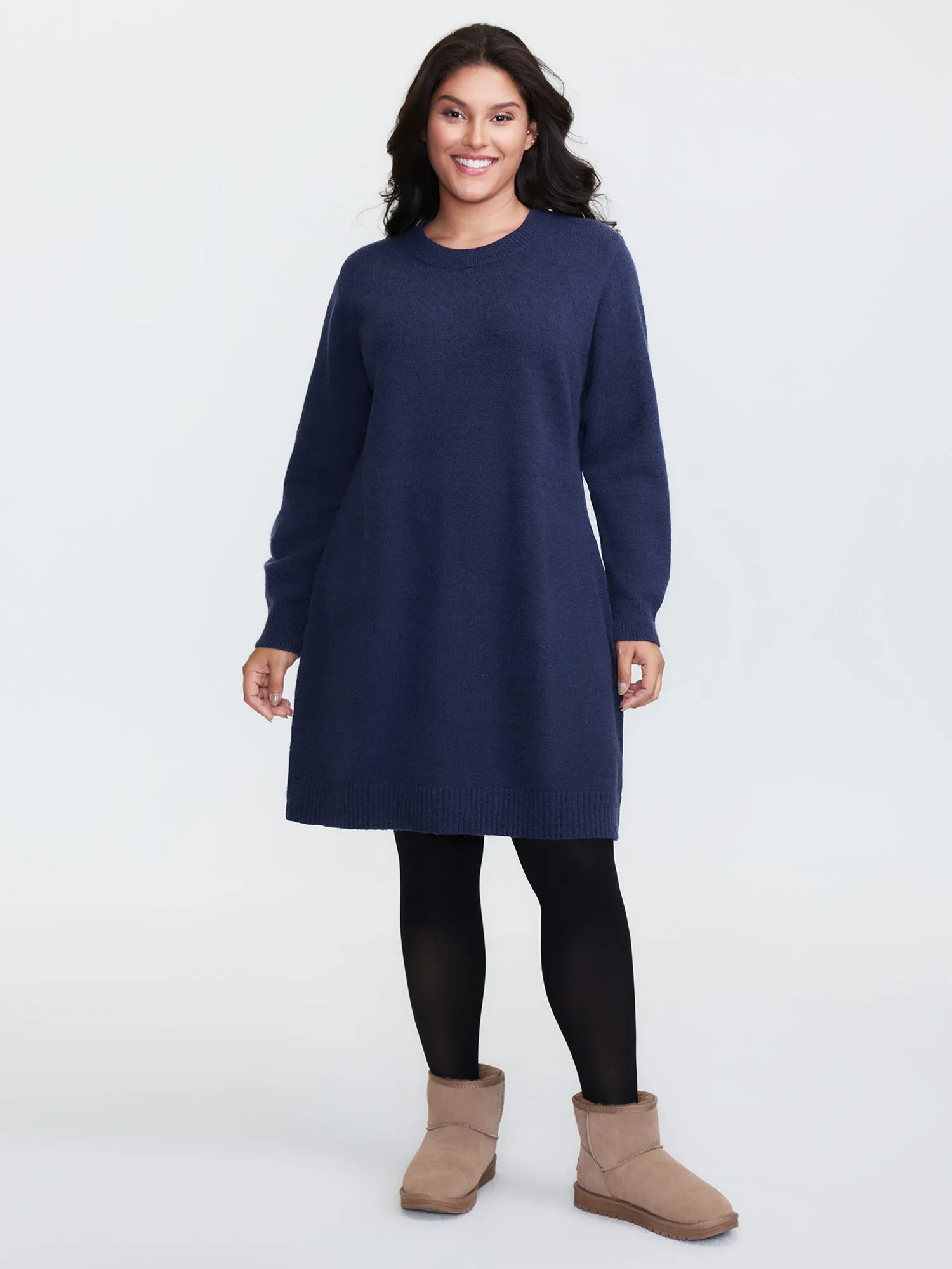 Crew Neck Solid Midi Sweater Dress sold by Bloomchic product image thumbnail 3