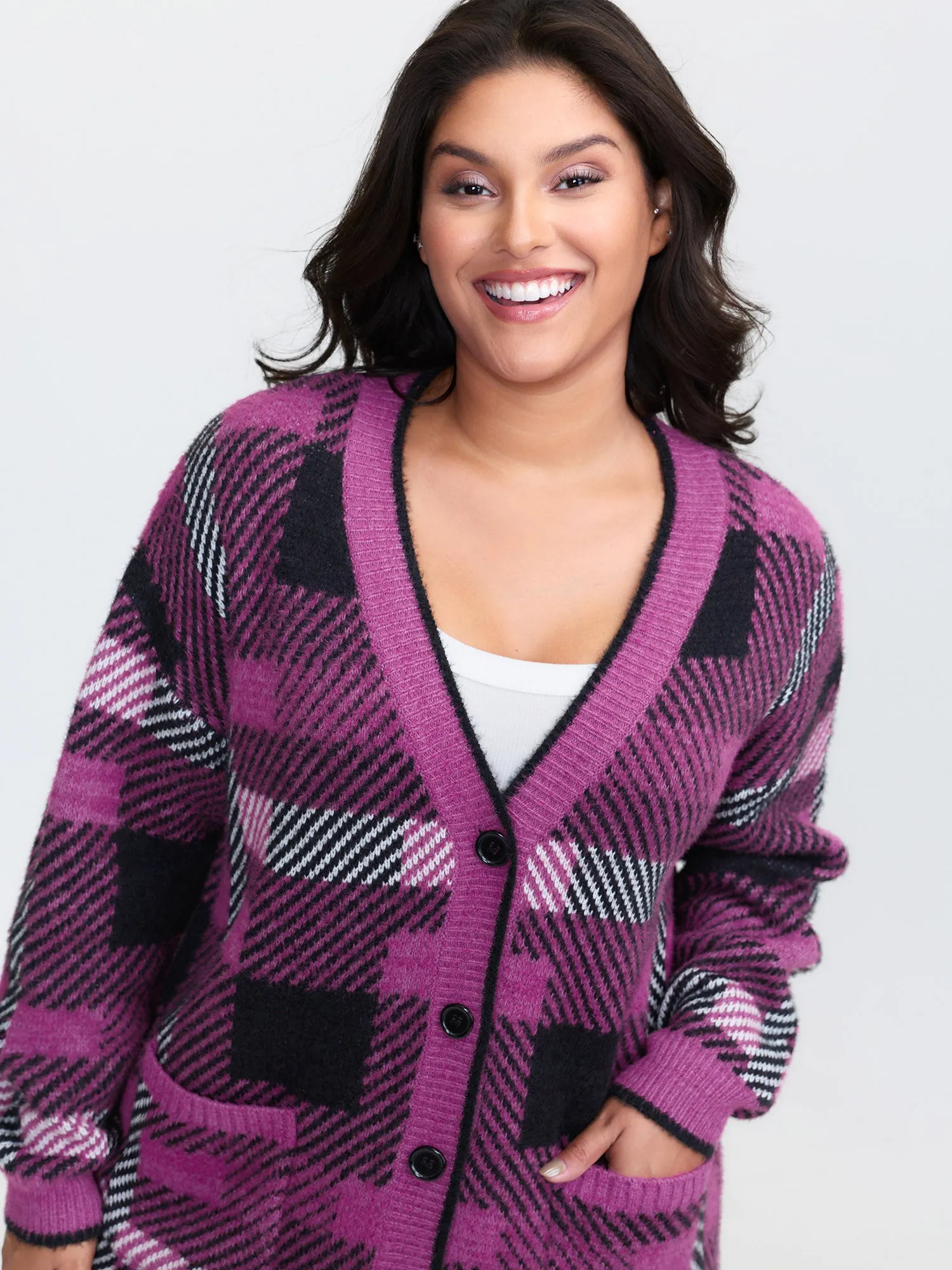 Fuzzy Plaid Pattern Button Knit Cardigan sold by Bloomchic product image thumbnail 2
