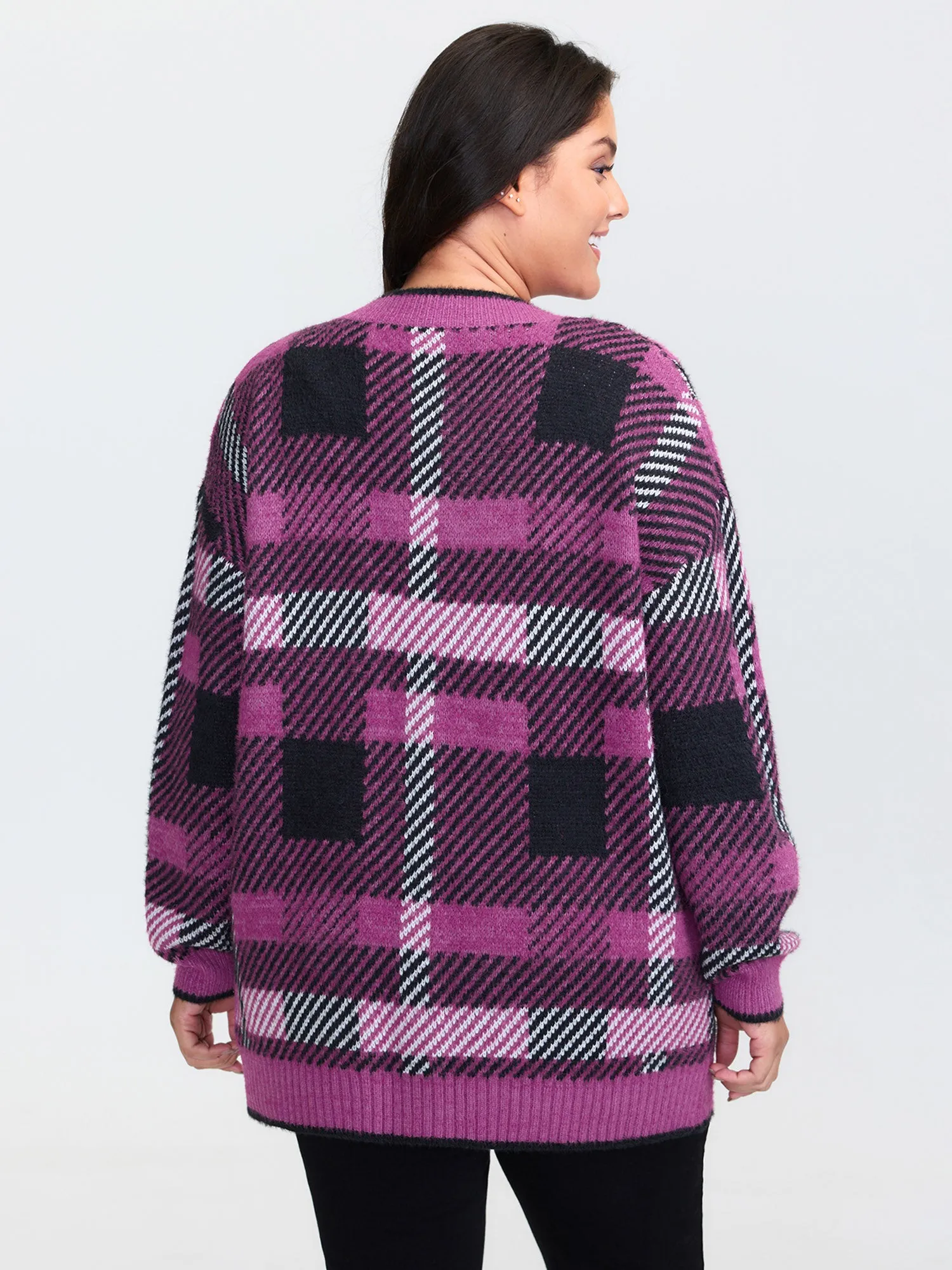 Fuzzy Plaid Pattern Button Knit Cardigan sold by Bloomchic product image thumbnail 4