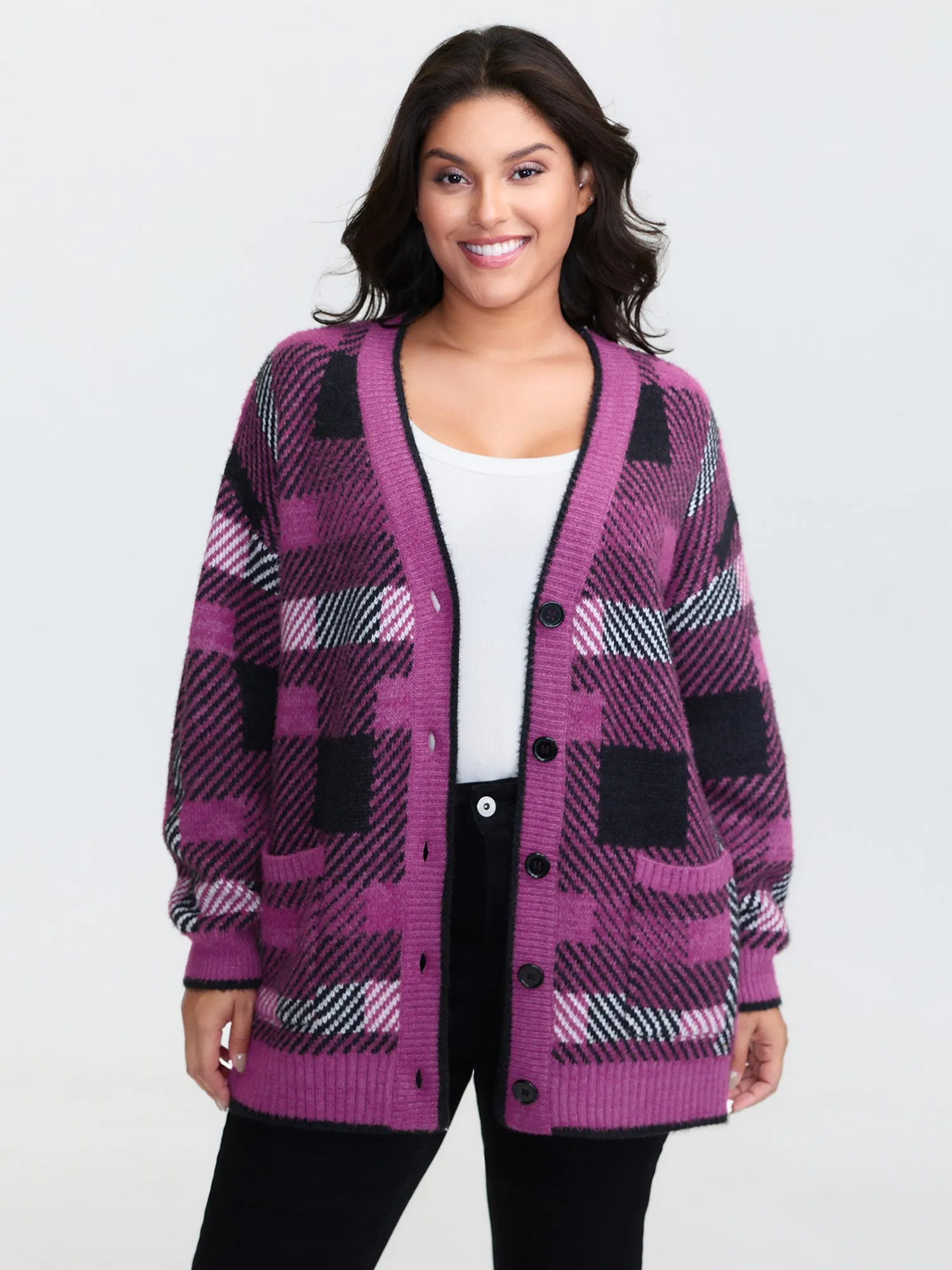 Fuzzy Plaid Pattern Button Knit Cardigan sold by Bloomchic