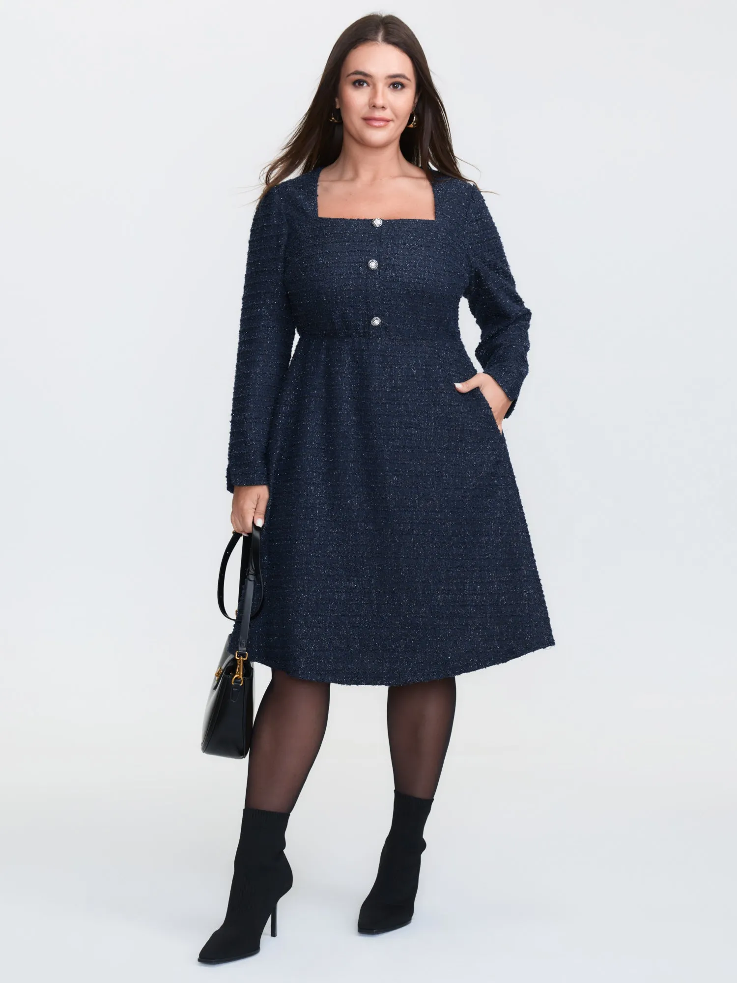Textured Square Neckline Button Midi Dress sold by Bloomchic