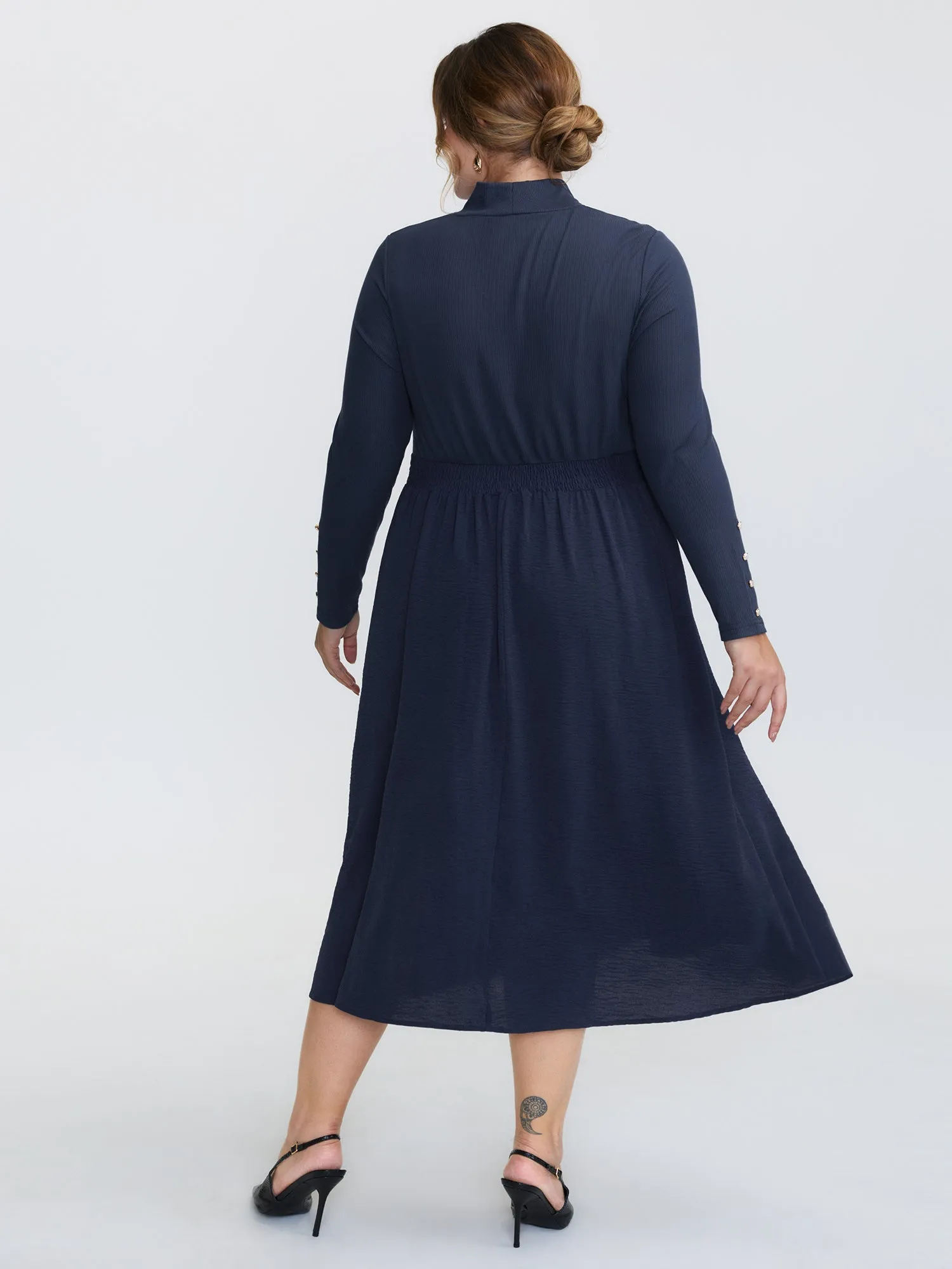 Mock Neck Waist-Defining Button Midi Dress sold by Bloomchic product image thumbnail 4