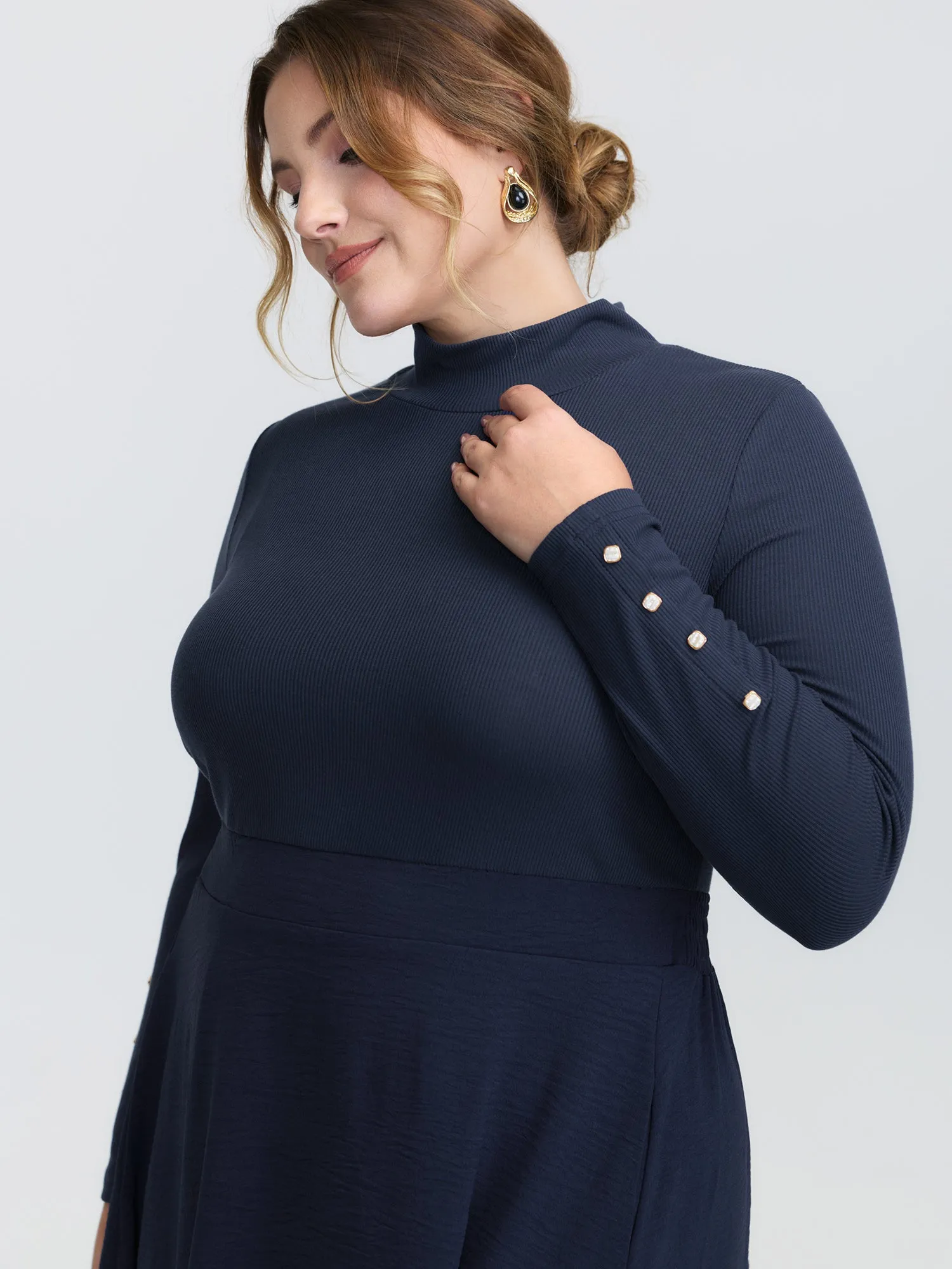 Mock Neck Waist-Defining Button Midi Dress sold by Bloomchic product image thumbnail 2