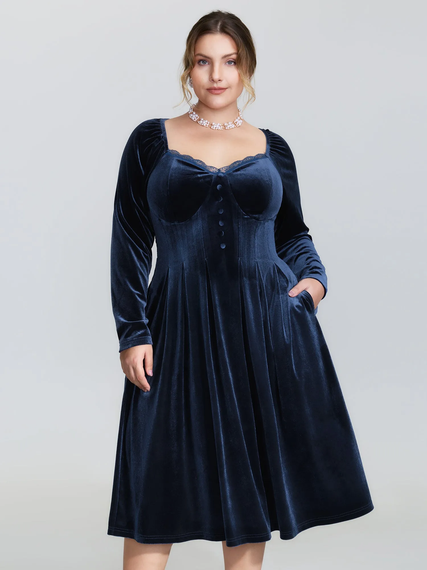 Velvet Lace Trim Stitch Shirred Midi Dress sold by Bloomchic