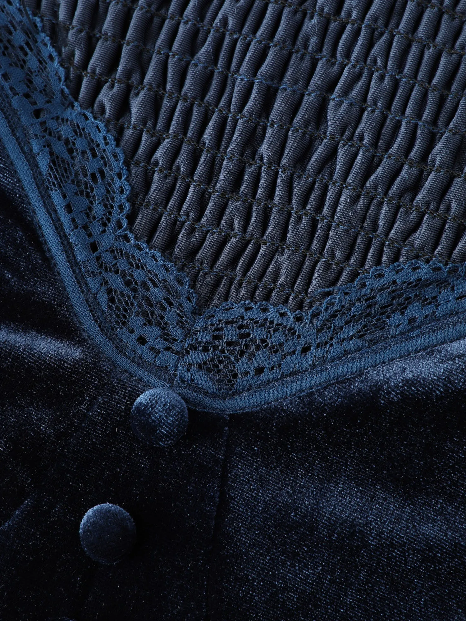 Velvet Lace Trim Stitch Shirred Midi Dress sold by Bloomchic product image thumbnail 5