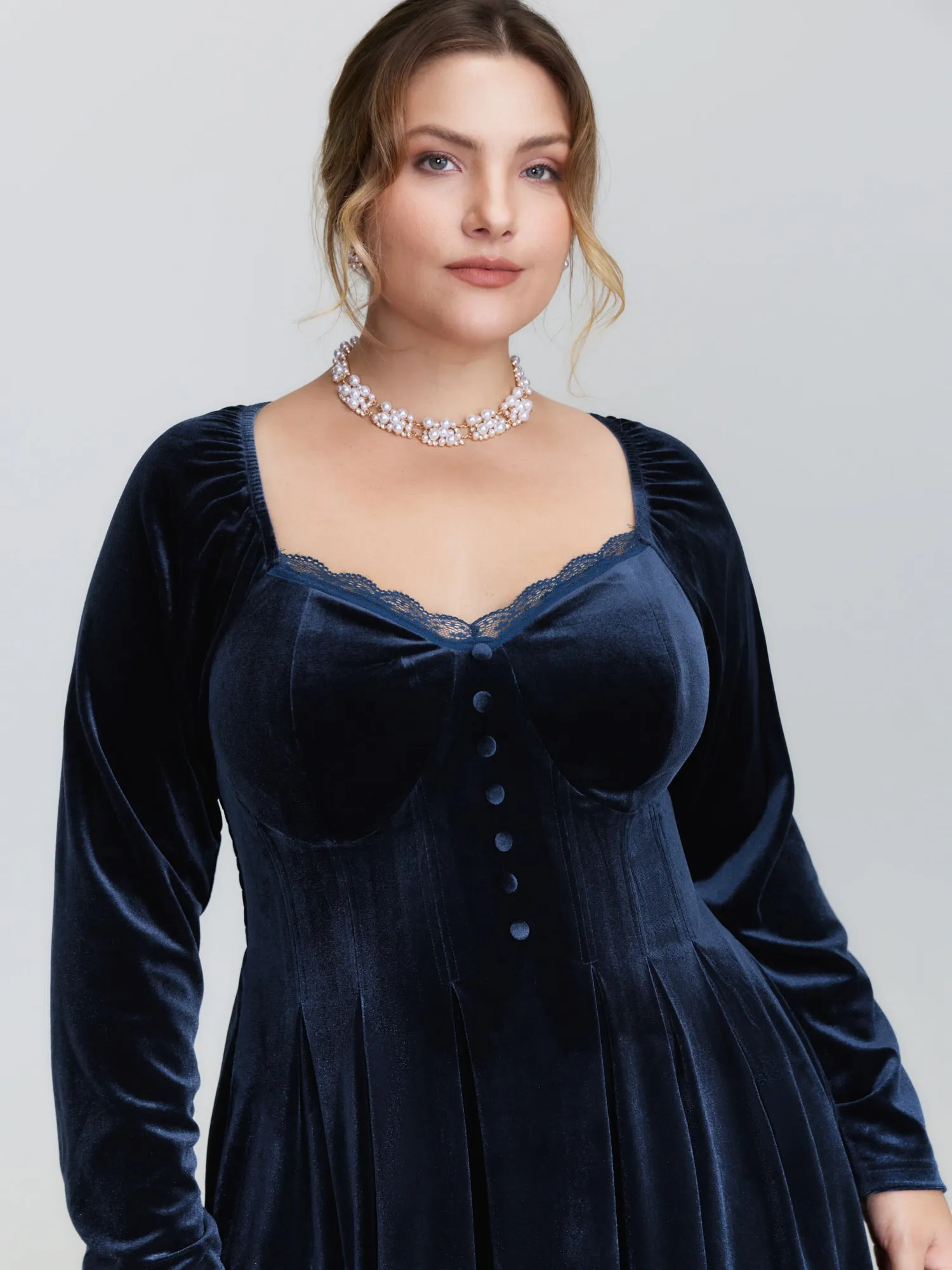 Velvet Lace Trim Stitch Shirred Midi Dress sold by Bloomchic product image thumbnail 2