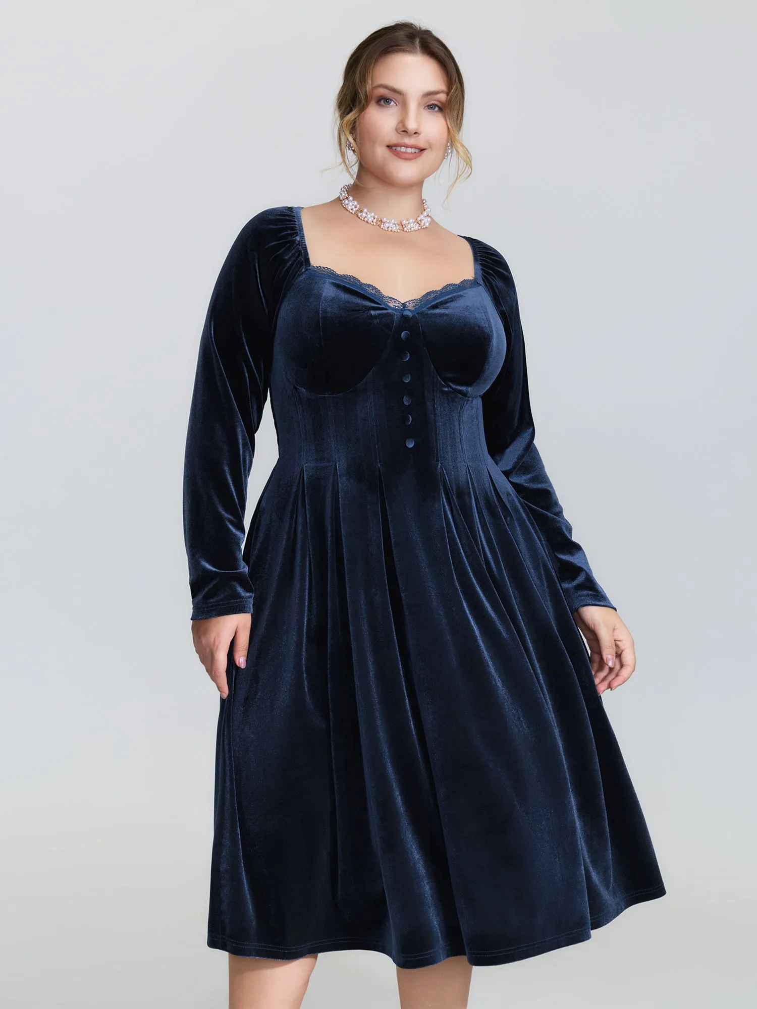 Velvet Lace Trim Stitch Shirred Midi Dress sold by Bloomchic product image thumbnail 3