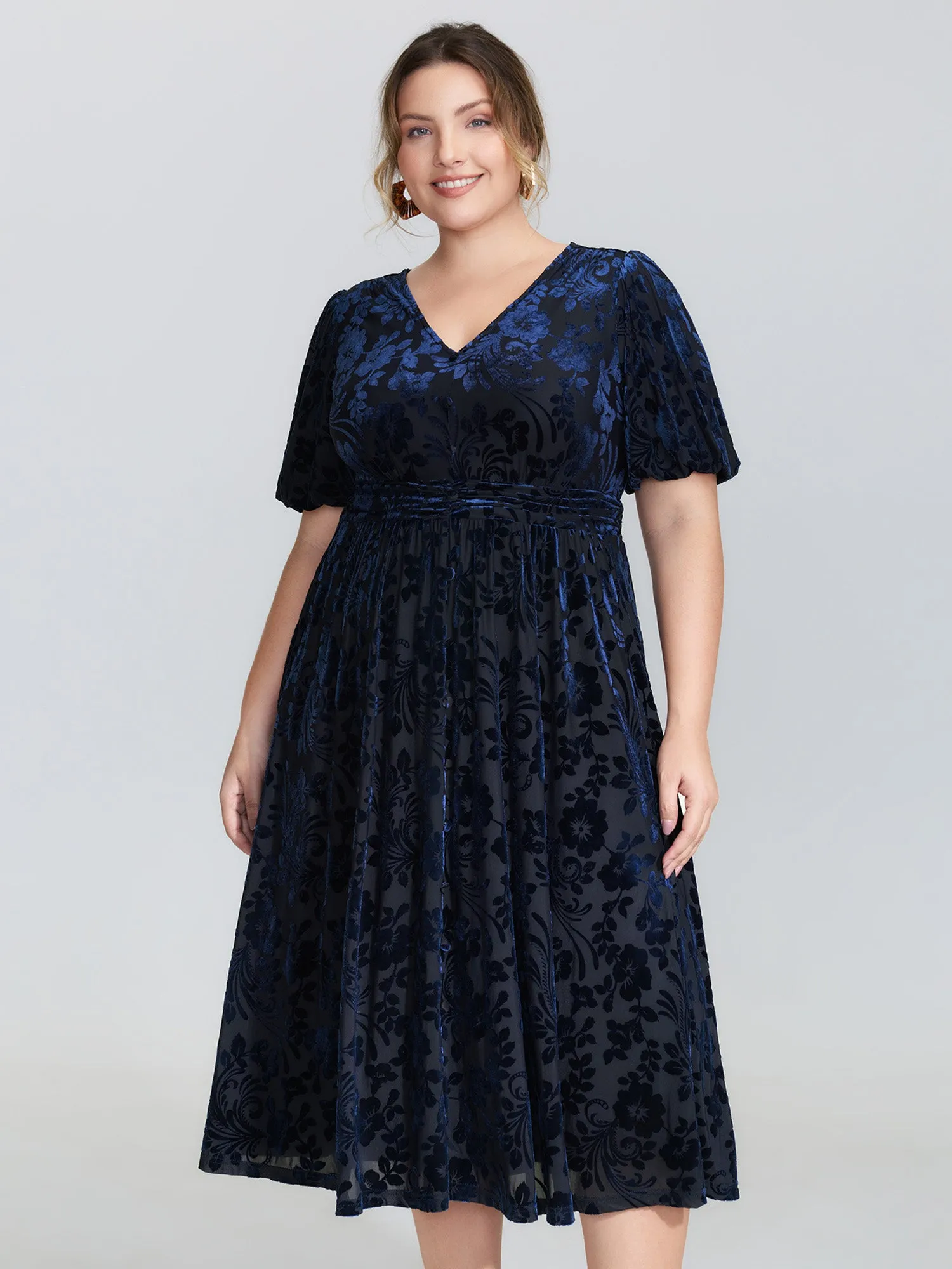 Flocked Laser Cut Pleated Waist Midi Dress sold by Bloomchic product image thumbnail 3