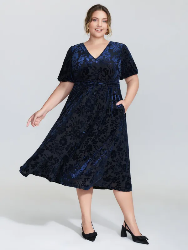 Flocked Laser Cut Pleated Waist Midi Dress made by Bloomchic