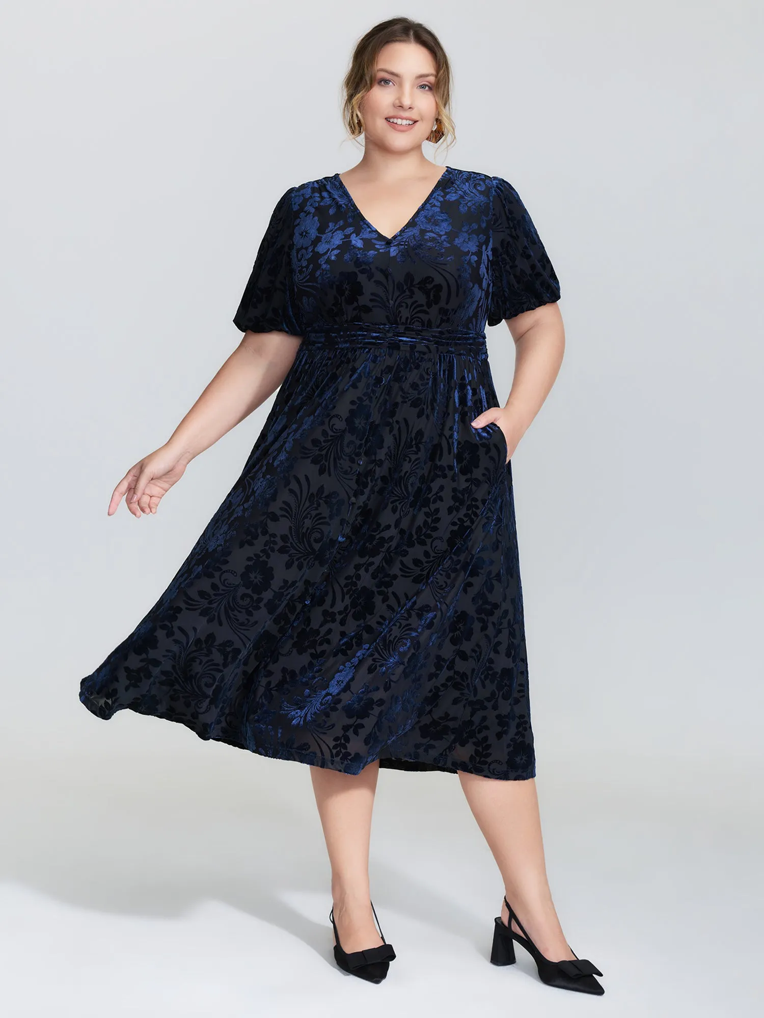 Flocked Laser Cut Pleated Waist Midi Dress sold by Bloomchic