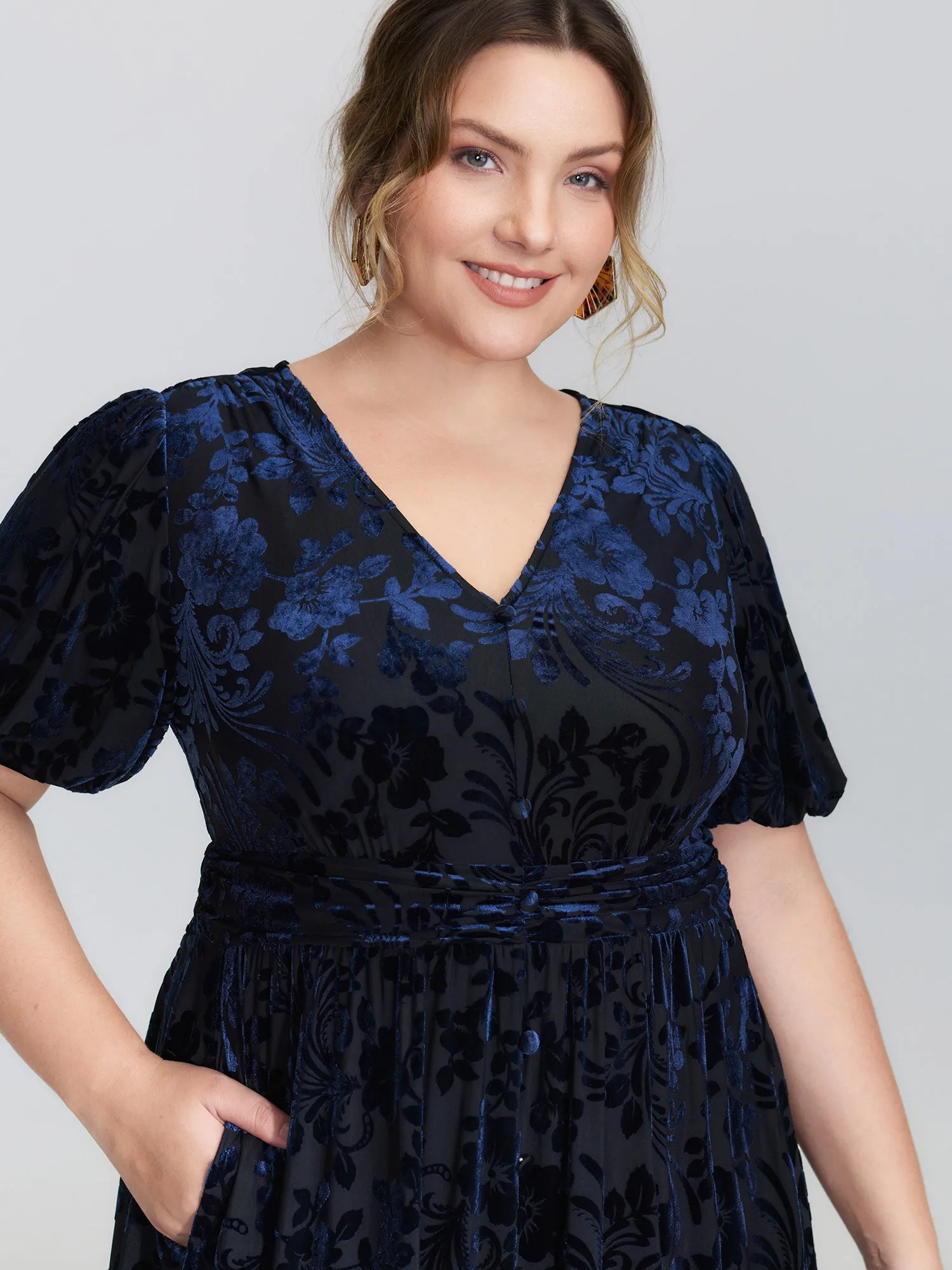 Flocked Laser Cut Pleated Waist Midi Dress sold by Bloomchic product image thumbnail 2